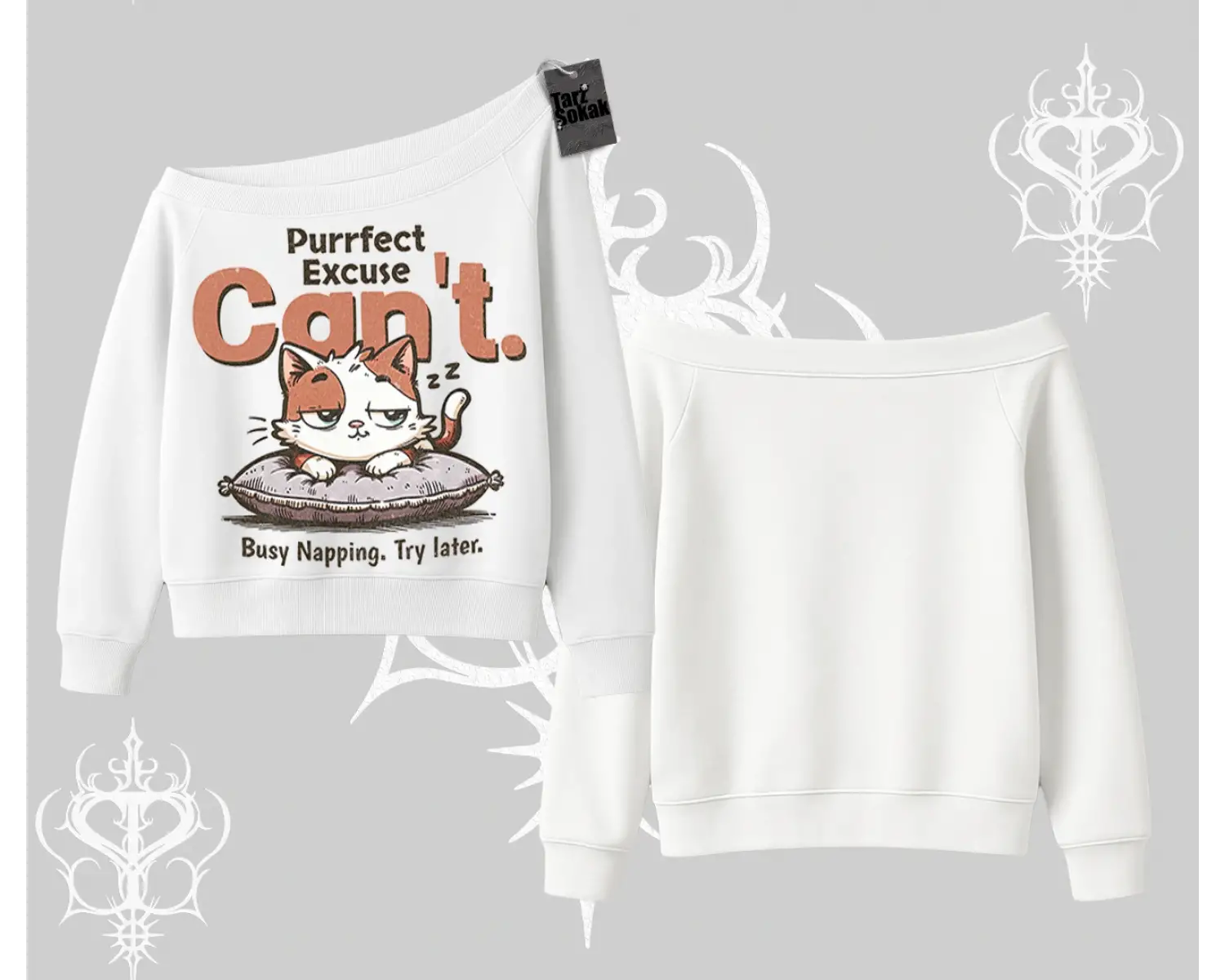 Kedi Baskılı Cant Busy Napping Y2K  Kayık Yaka Sweatshirt