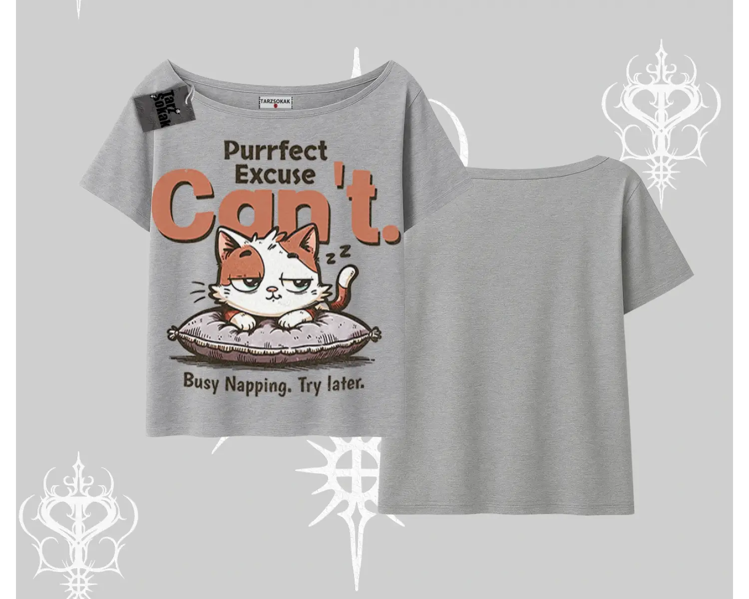 Kedi Baskılı Cant Busy Napping Y2K  Kayık Yaka Tshirt