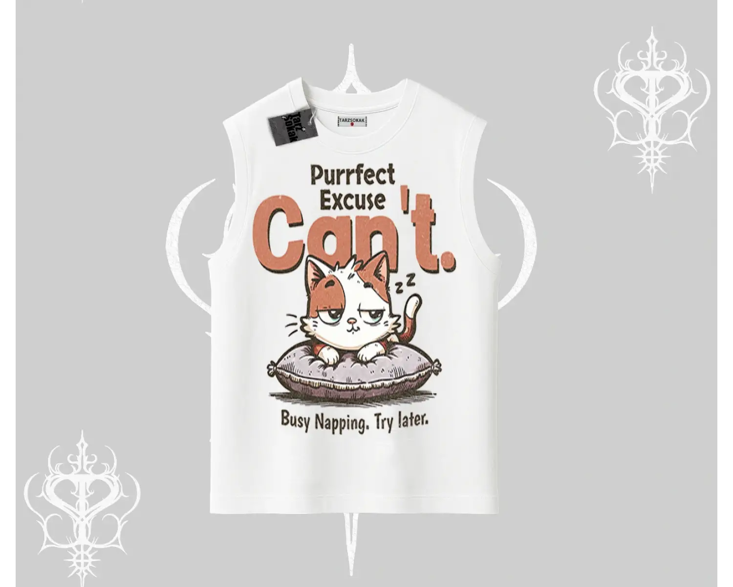 Kedi Baskılı Cant Busy Napping Y2K  Kolsuz Tshirt