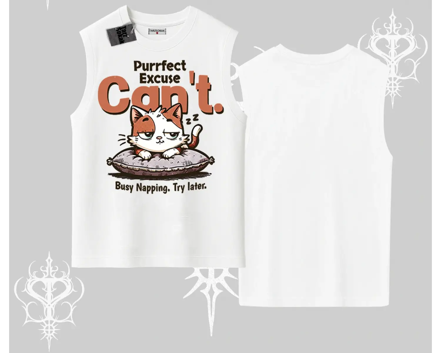 Kedi Baskılı Cant Busy Napping Y2K  Kolsuz Tshirt