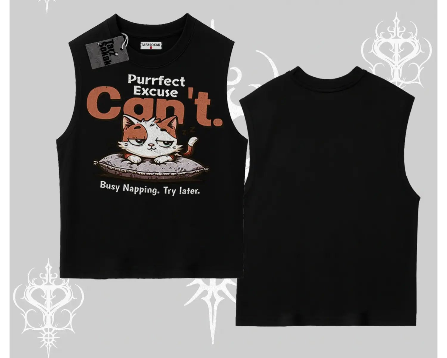 Kedi Baskılı Cant Busy Napping Y2K  Kolsuz Tshirt