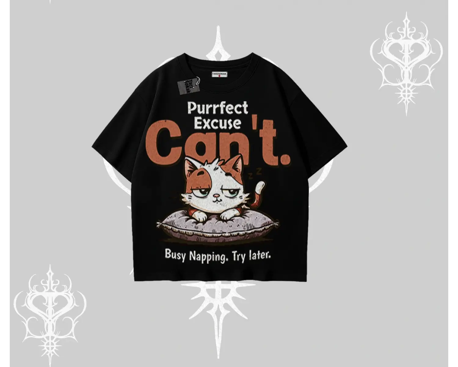 Kedi Baskılı Cant Busy Napping Y2K  Oversize Tshirt