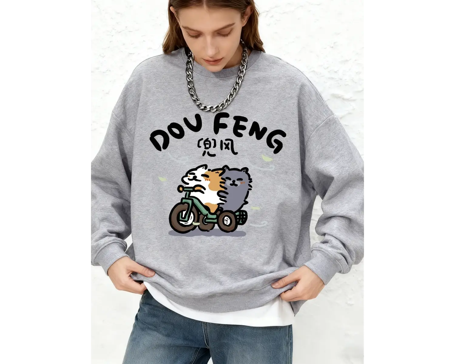 Kedi Bisiklete Biniyor Baskılı Kapüşonlu Üstler Kadınlar İçin Basit Yuvarlak Yaka Bol Sweatsh