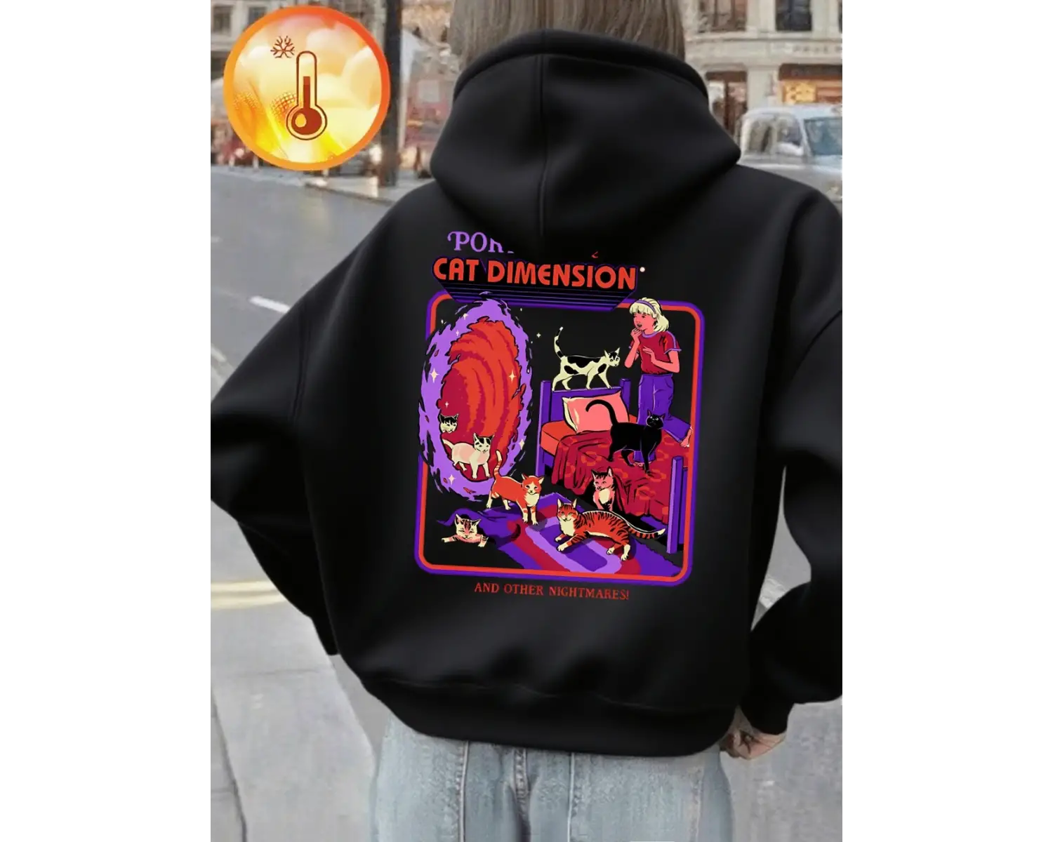 Kedi Boyutuna Giden Portal Baskılı Kapüşonlular Kadın Temel Giysileri Cepli Kazaklar Günlük B