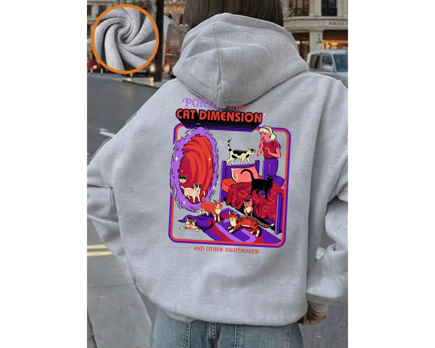 Kedi Boyutuna Giden Portal Baskılı Kapüşonlular Kadın Temel Giysileri Cepli Kazaklar Günlük B