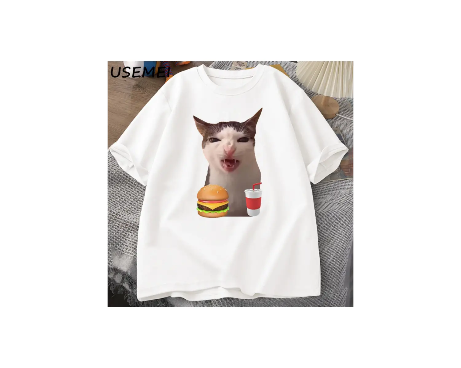 Kedi Crunching gıda Meme T-shirt kadın erkek aptal T shirt komik kedi yeme T-Shirt pamuk kısa