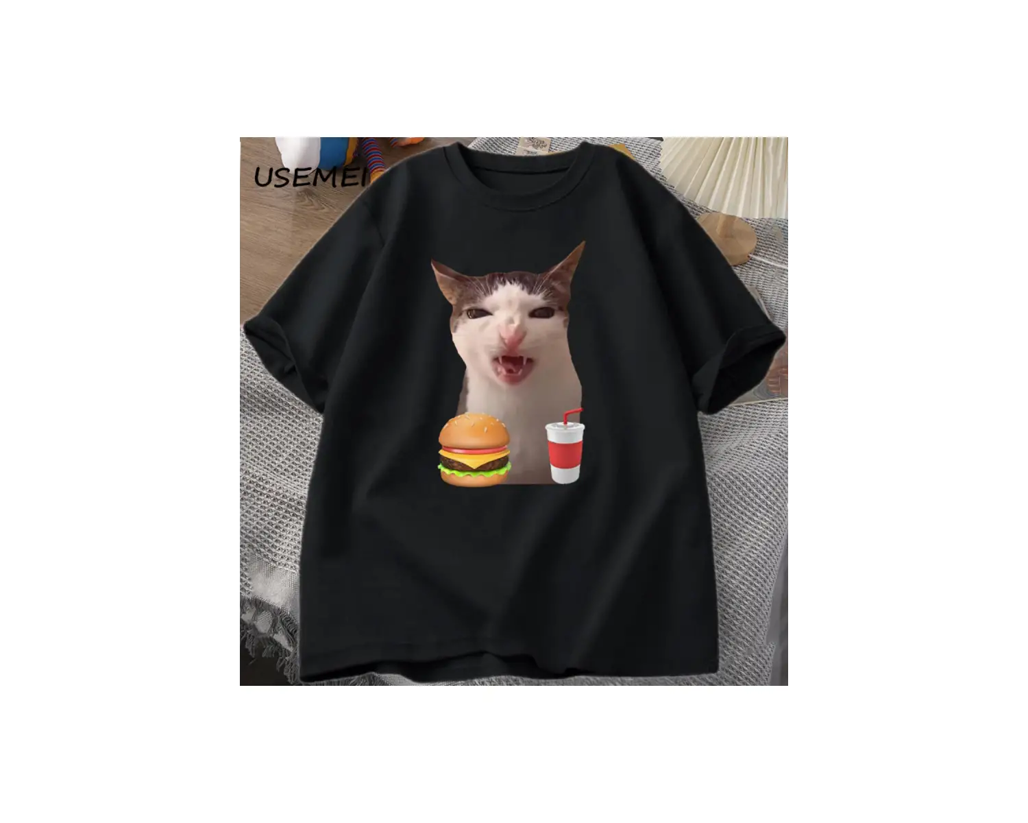 Kedi Crunching gıda Meme T-shirt kadın erkek aptal T shirt komik kedi yeme T-Shirt pamuk kısa