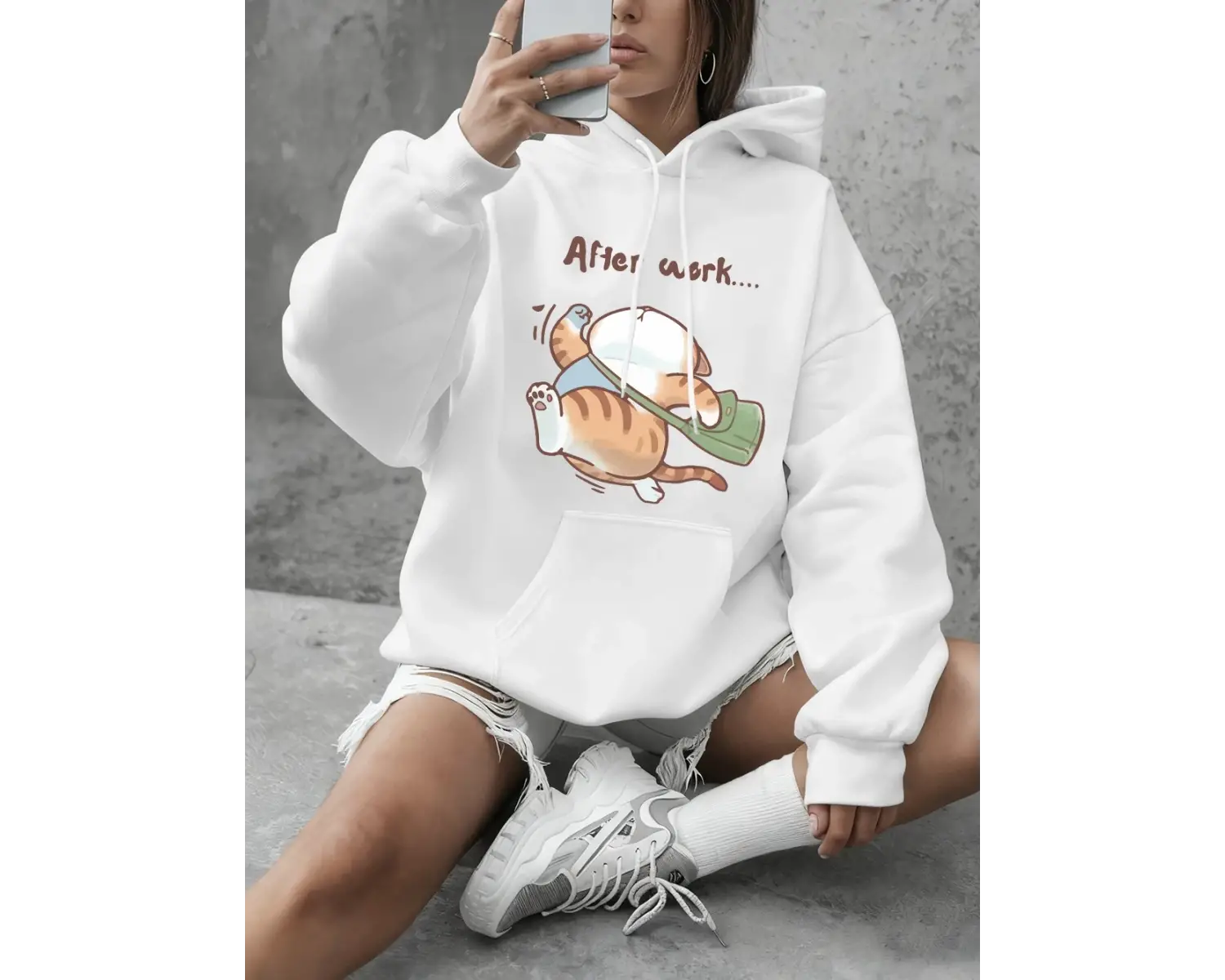 Kedi işten sonra koşuyor baskılar kazak kadın rahat gevşek kapüşonlu üst kış polar sıcak üstl