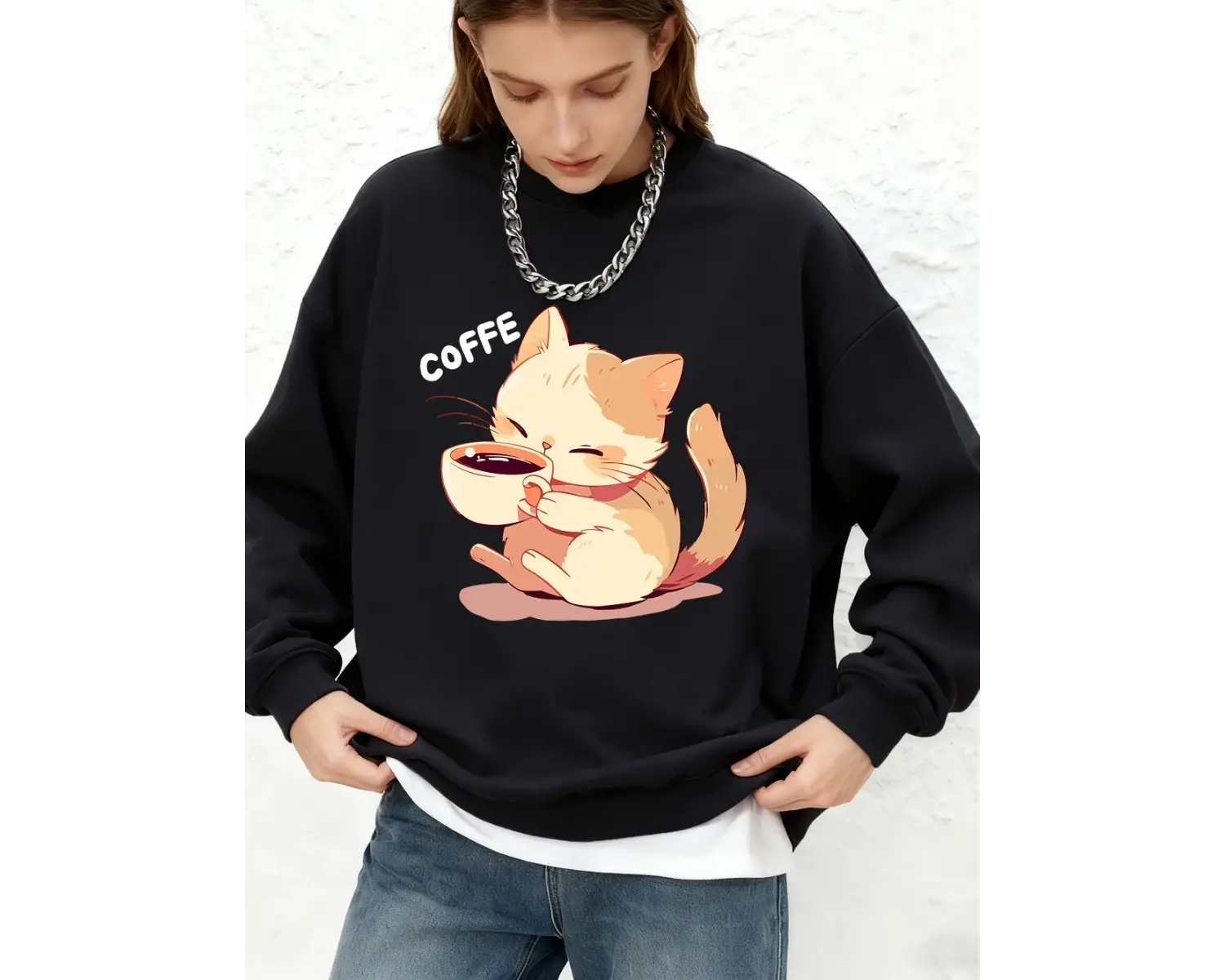 Kedi Kahve İçiyor Baskılı Kapüşonlu Üstler Kadınlar İçin Kışlık Yuvarlak Yaka Bol Sweatshirtl