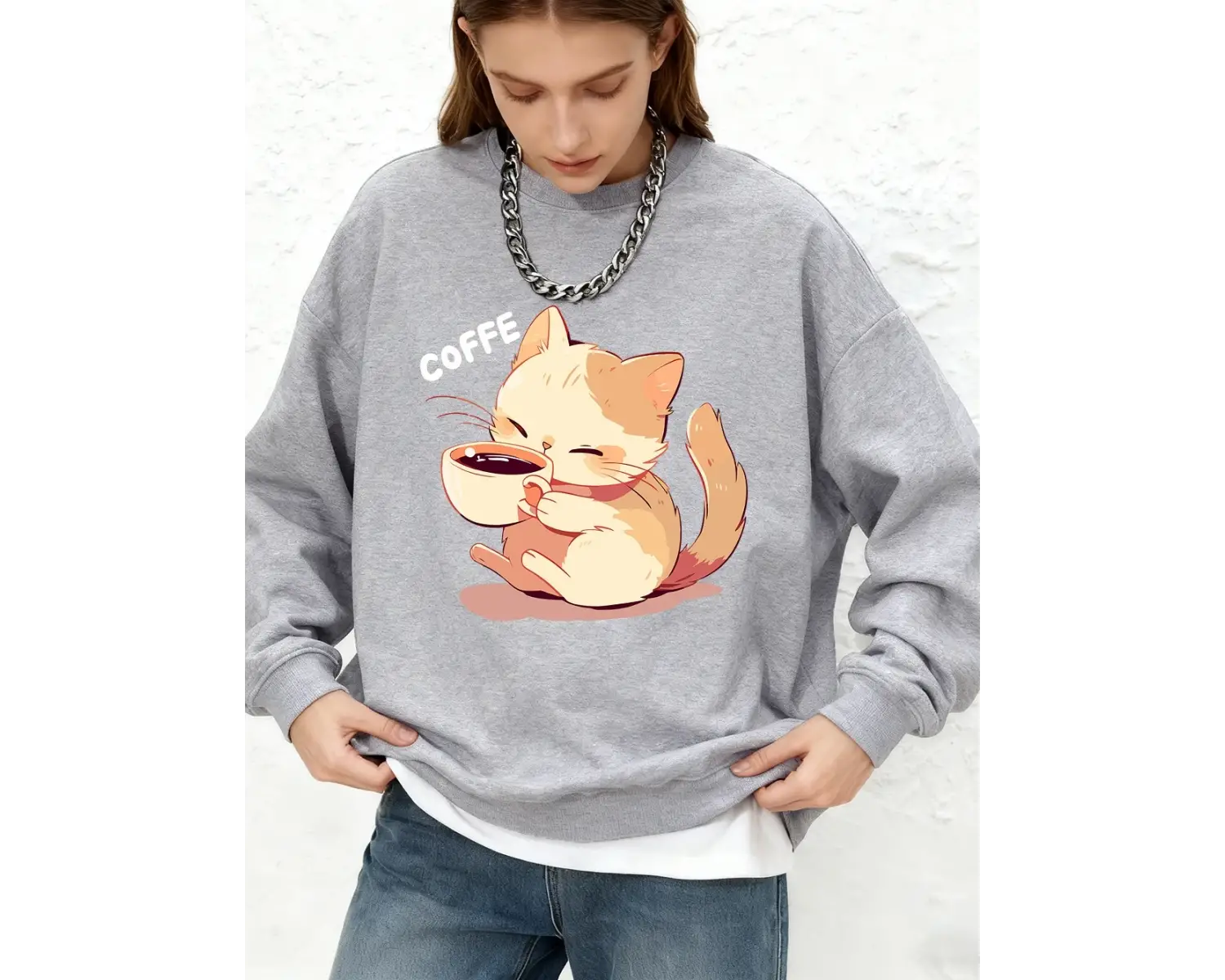 Kedi Kahve İçiyor Baskılı Kapüşonlu Üstler Kadınlar İçin Kışlık Yuvarlak Yaka Bol Sweatshirtl