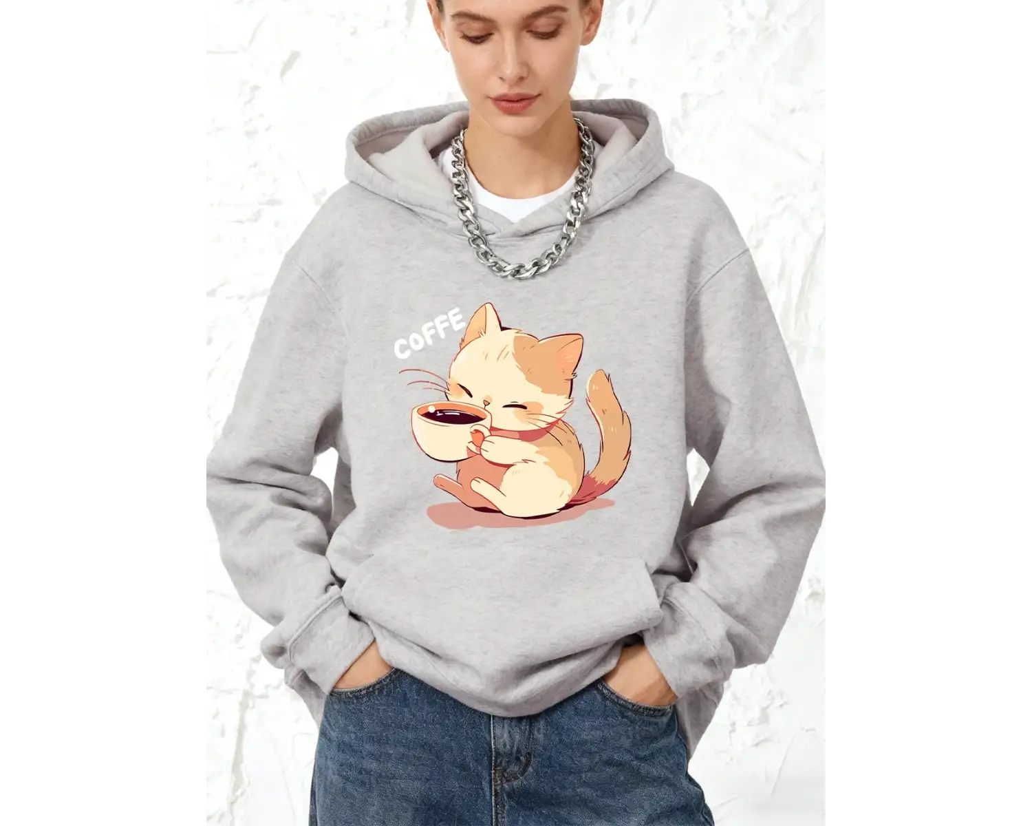Kedi Kahve İçiyor Baskılı Pamuklu Kapüşonlu Üstler Kadınlar İçin Kışlık Polar Sıcak Sweatshir