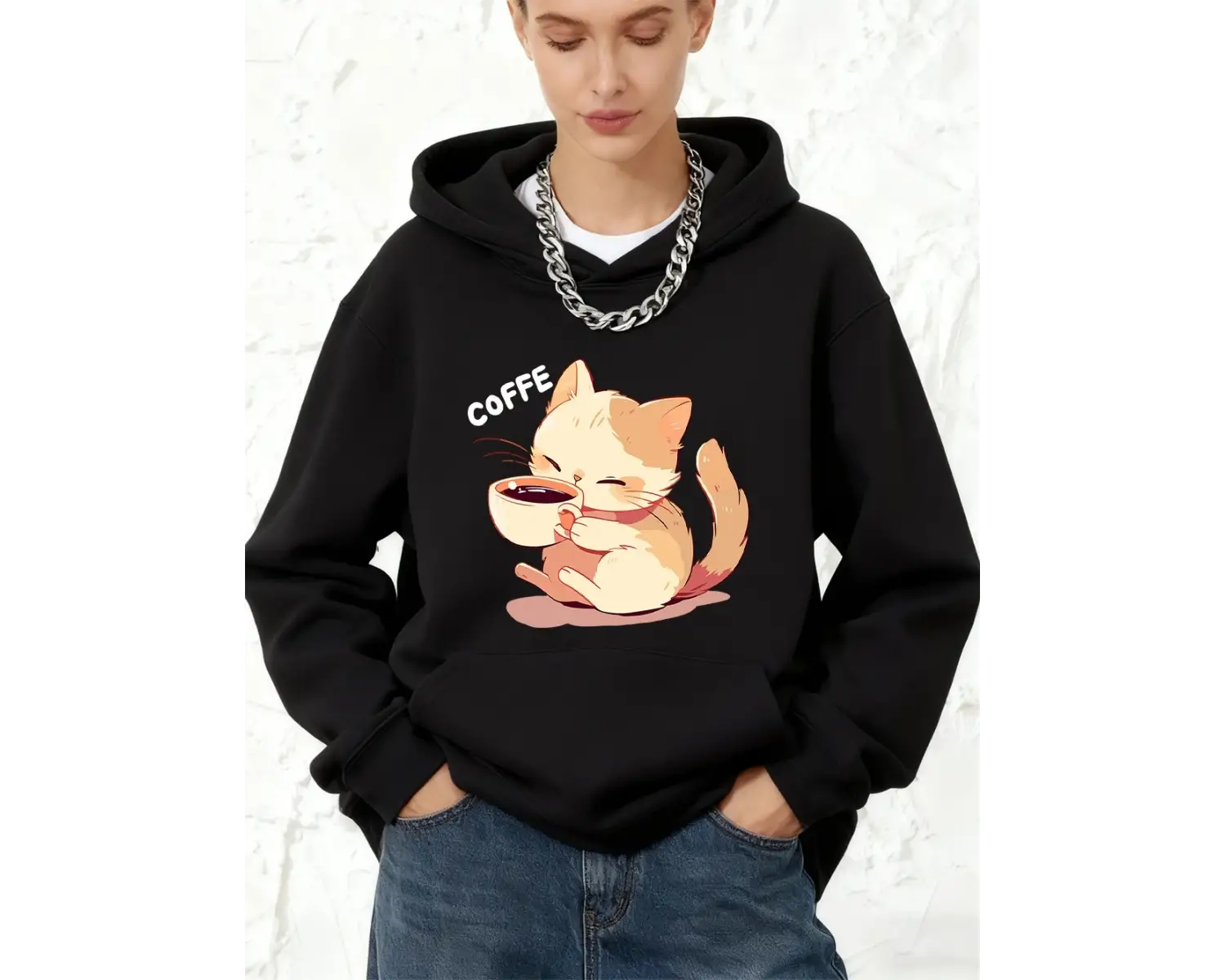 Kedi Kahve İçiyor Baskılı Pamuklu Kapüşonlu Üstler Kadınlar İçin Kışlık Polar Sıcak Sweatshir