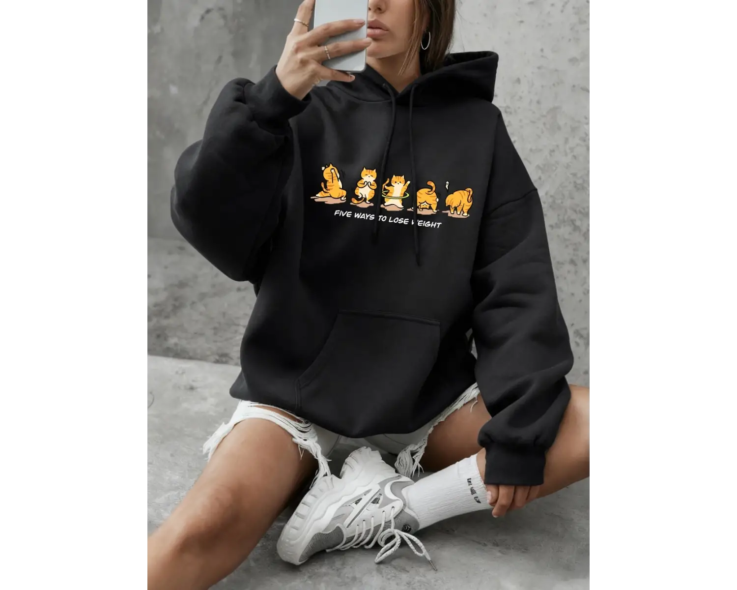 Kedi Kilo Kaybı Yapıyor Baskılı Sweatshirt Kadın Günlük Bol Kapüşonlu Kışlık Polar Sıcak Kaza