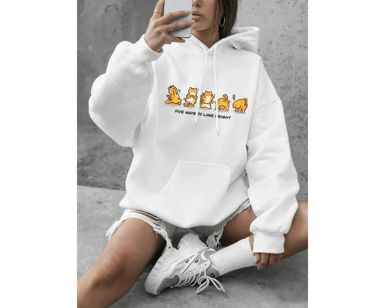 Kedi Kilo Kaybı Yapıyor Baskılı Sweatshirt Kadın Günlük Bol Kapüşonlu Kışlık Polar Sıcak Kaza