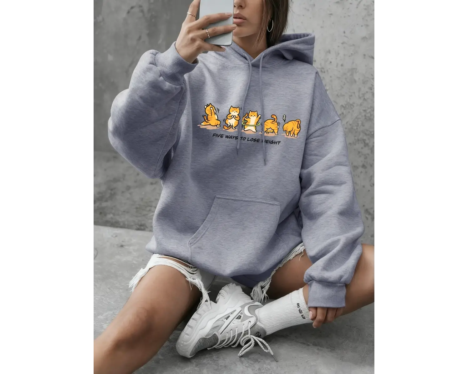 Kedi Kilo Kaybı Yapıyor Baskılı Sweatshirt Kadın Günlük Bol Kapüşonlu Kışlık Polar Sıcak Kaza