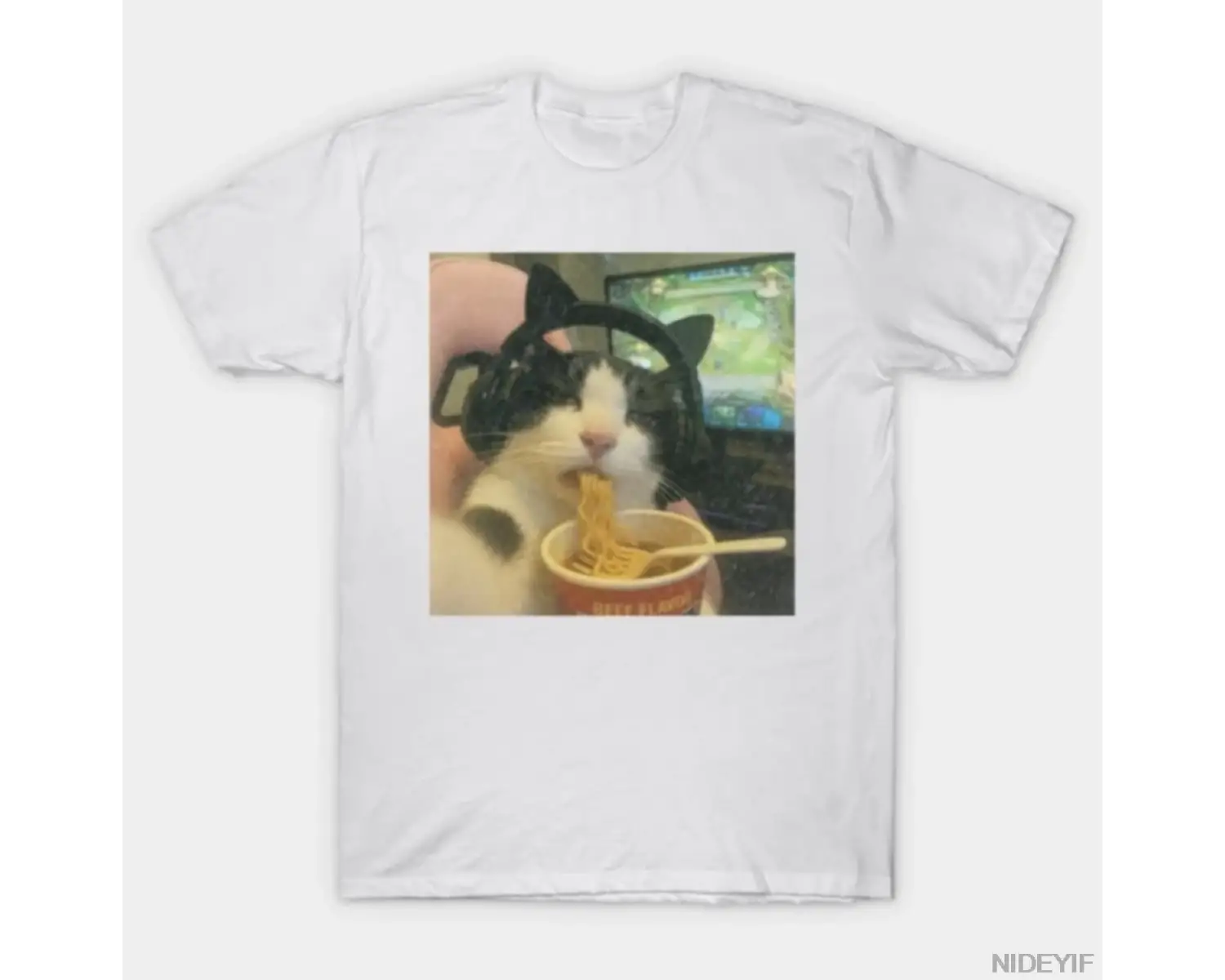 Kedi Meme Komik Oyuncu Kedi Yemek Yapan Erişte T-shirt Erkekler Kadınlar Için % 100% Pamuk T