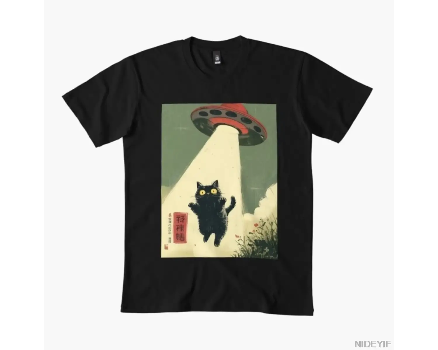 Kedi Selfiesi Uzaylı UFO Komik Japon Kedisi Retro Tişört Erkek Kadın %100 Pamuk Tişörtler Kıs