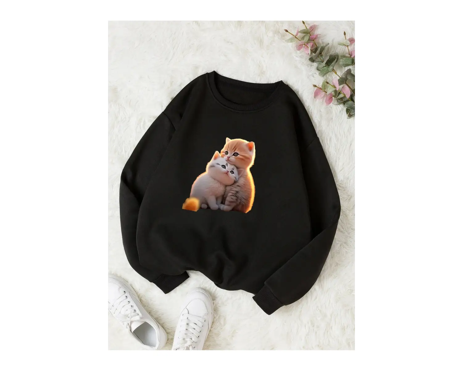 Kedicikler Renkli Oversize Bisiklet Yaka Pamuklu Sweatshirt Beyaz