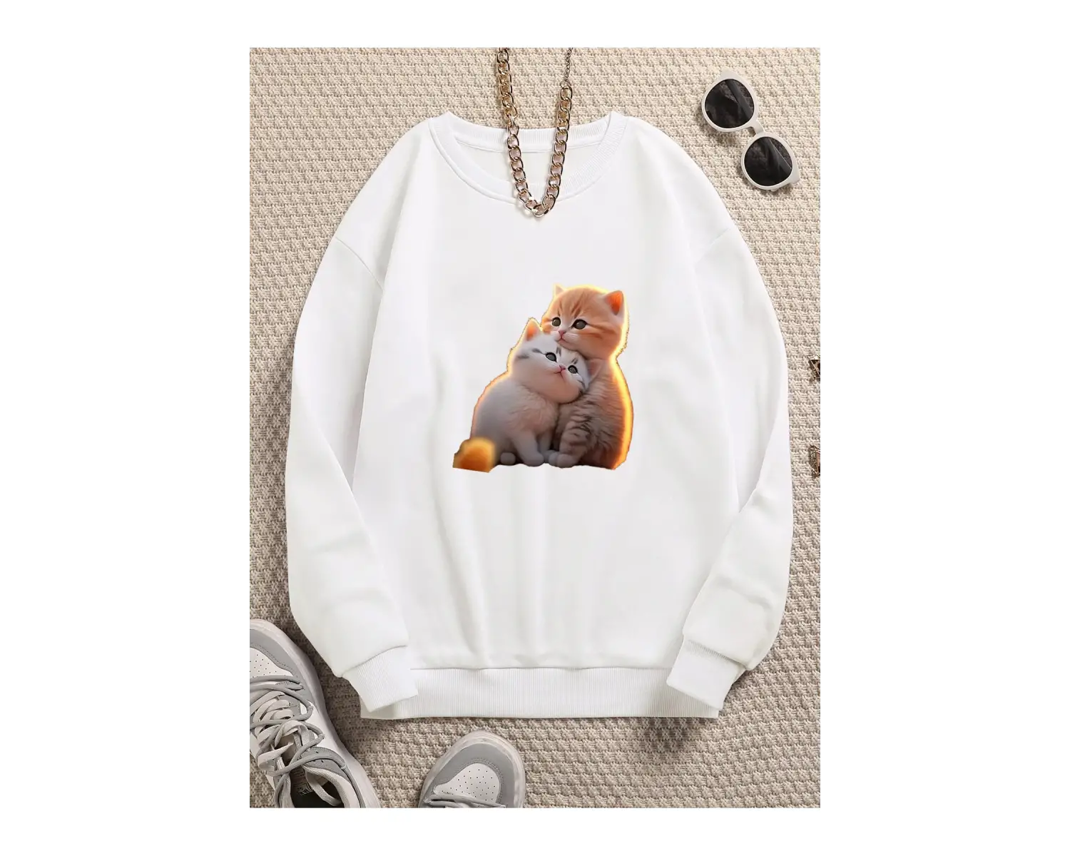 Kedicikler Renkli Oversize Bisiklet Yaka Pamuklu Sweatshirt Beyaz