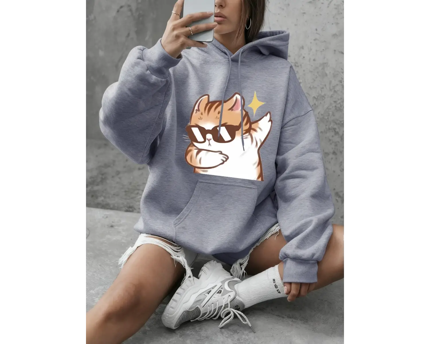 Kediler için havalı güneş gözlüğü baskılar kazak kadın kış polar sıcak kapüşonlu üst temel bi