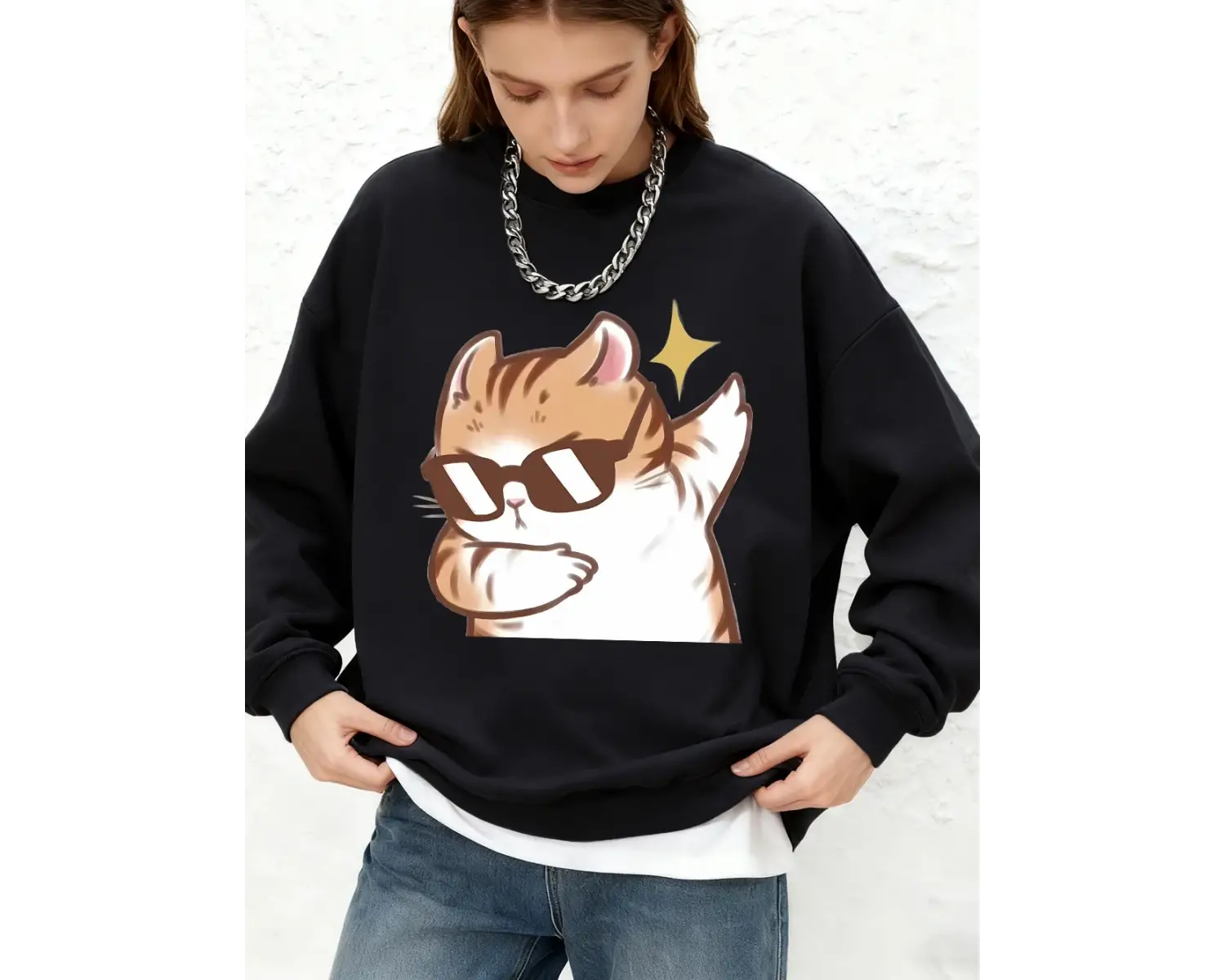 Kediler için serin güneş gözlüğü baskılı kapüşonlu svetşört kadın kış bisiklet yaka büyük boy