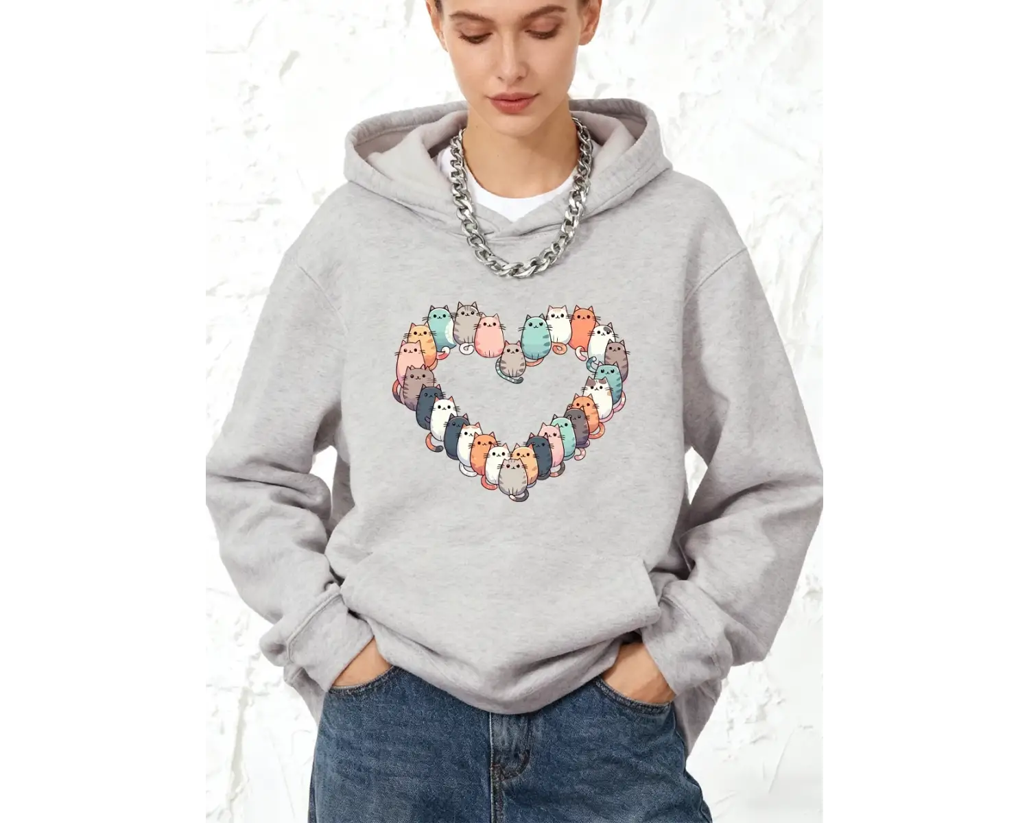Kediler Kalp Baskı Kapüşonlular Pamuk Bayan Kış Polar Sıcak Kazak Koşu Cep Tişörtü Sportif Ge