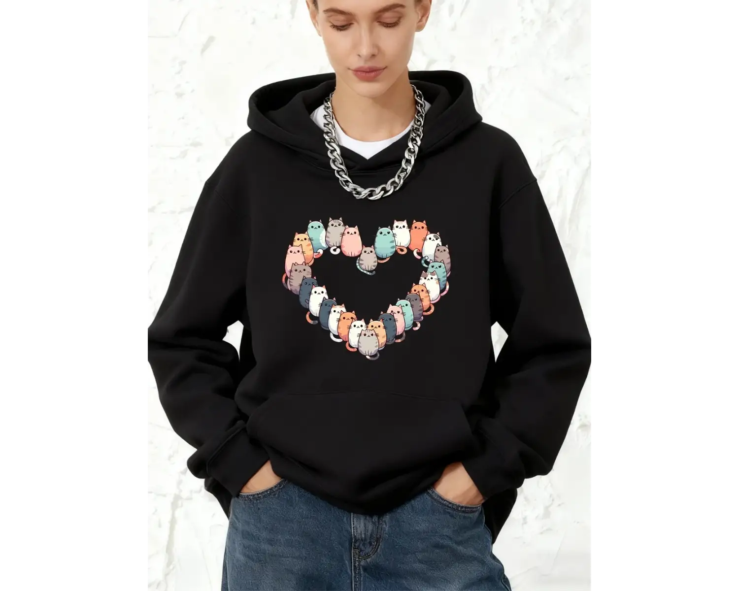 Kediler Kalp Baskı Kapüşonlular Pamuk Bayan Kış Polar Sıcak Kazak Koşu Cep Tişörtü Sportif Ge