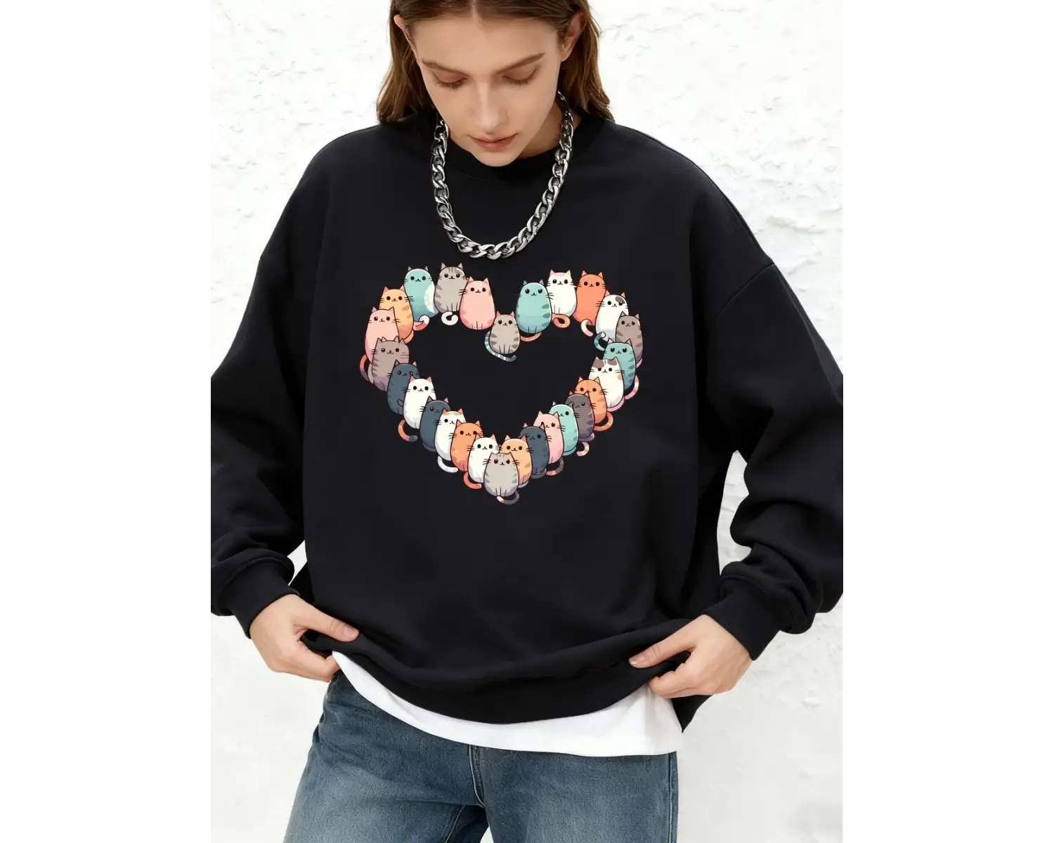 Kediler Kalp Baskılı Kapüşonlu Üst Bayan Basic Jogger Sıcak Kazak Kışlık Yuvarlak Yaka Oversi