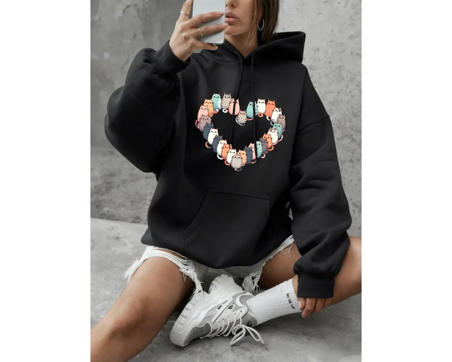 Kediler Kalp Baskılı Kapüşonlular Bayan Temel Ürünler Bisiklet Yaka Tişörtü Günlük Bol Kazakl