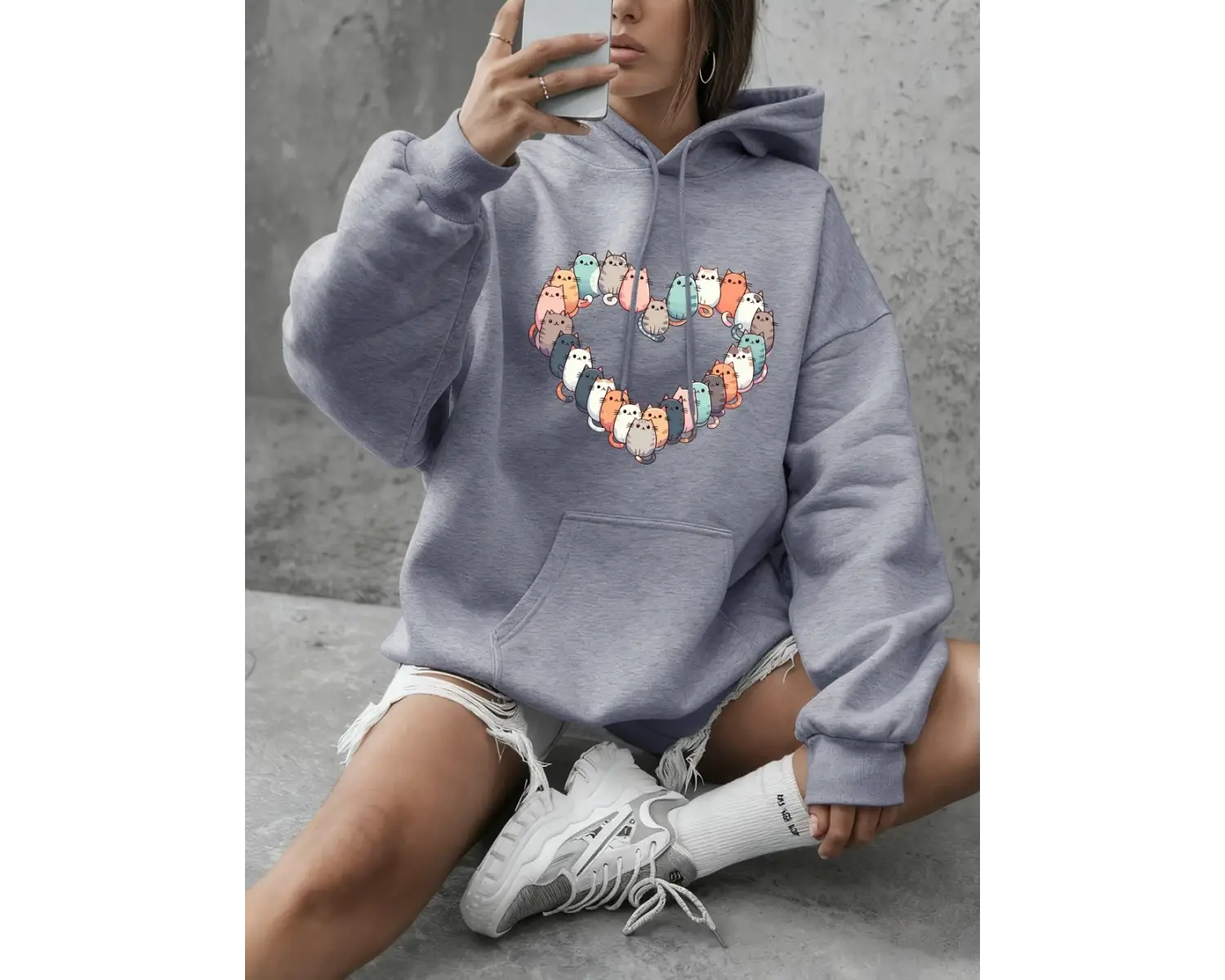 Kediler Kalp Baskılı Kapüşonlular Bayan Temel Ürünler Bisiklet Yaka Tişörtü Günlük Bol Kazakl