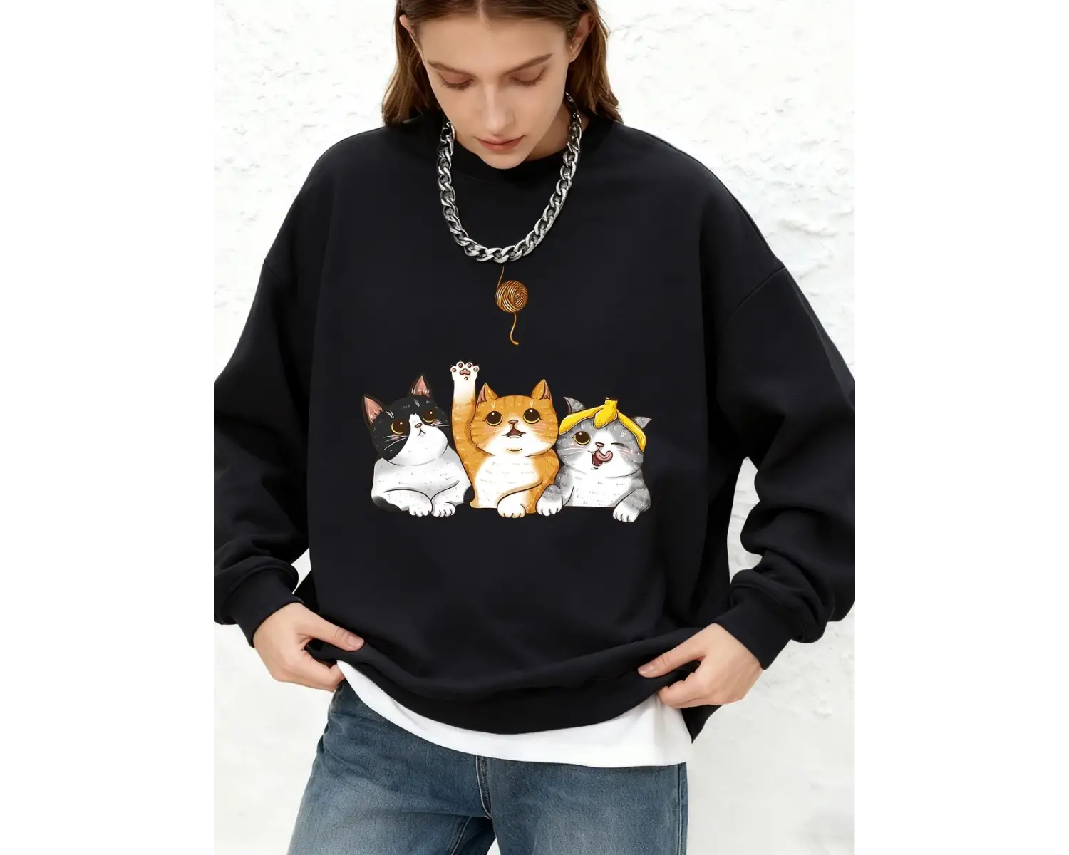 Kediler Kürk Topları Yakalıyor Baskılı Kapüşonlu Üstler Kadınlar Kışlık Bol Jogger Sweatshirt