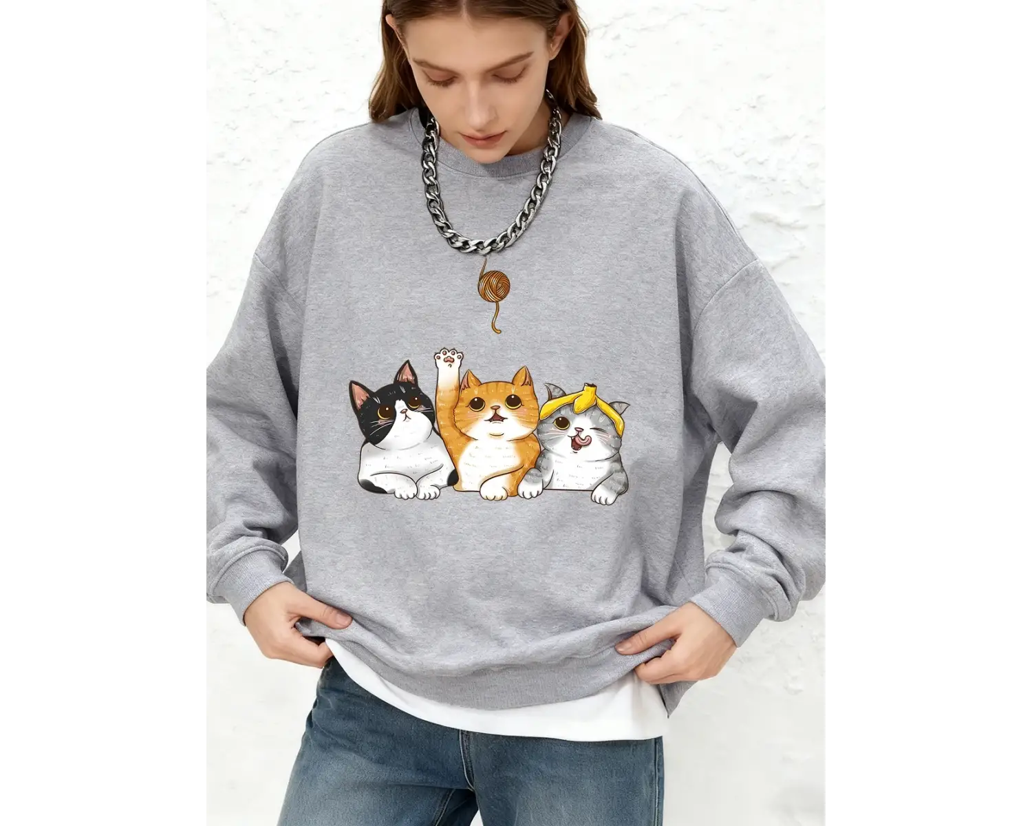 Kediler Kürk Topları Yakalıyor Baskılı Kapüşonlu Üstler Kadınlar Kışlık Bol Jogger Sweatshirt