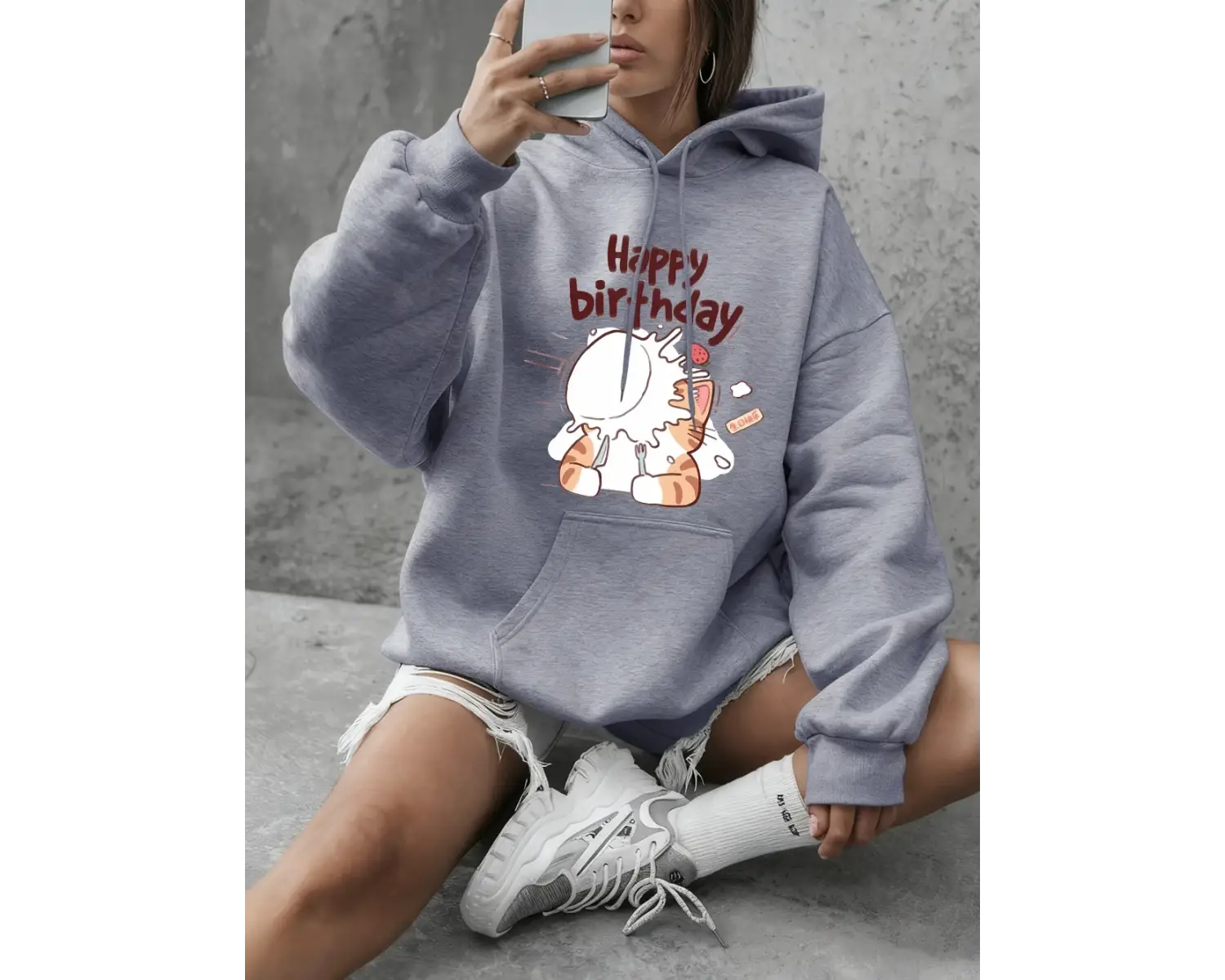 Kediler Mutlu Bir Doğum Günü Kutluyor Baskılı Sweatshirt Kadın Günlük Bol Kapüşonlu Kışlık Po