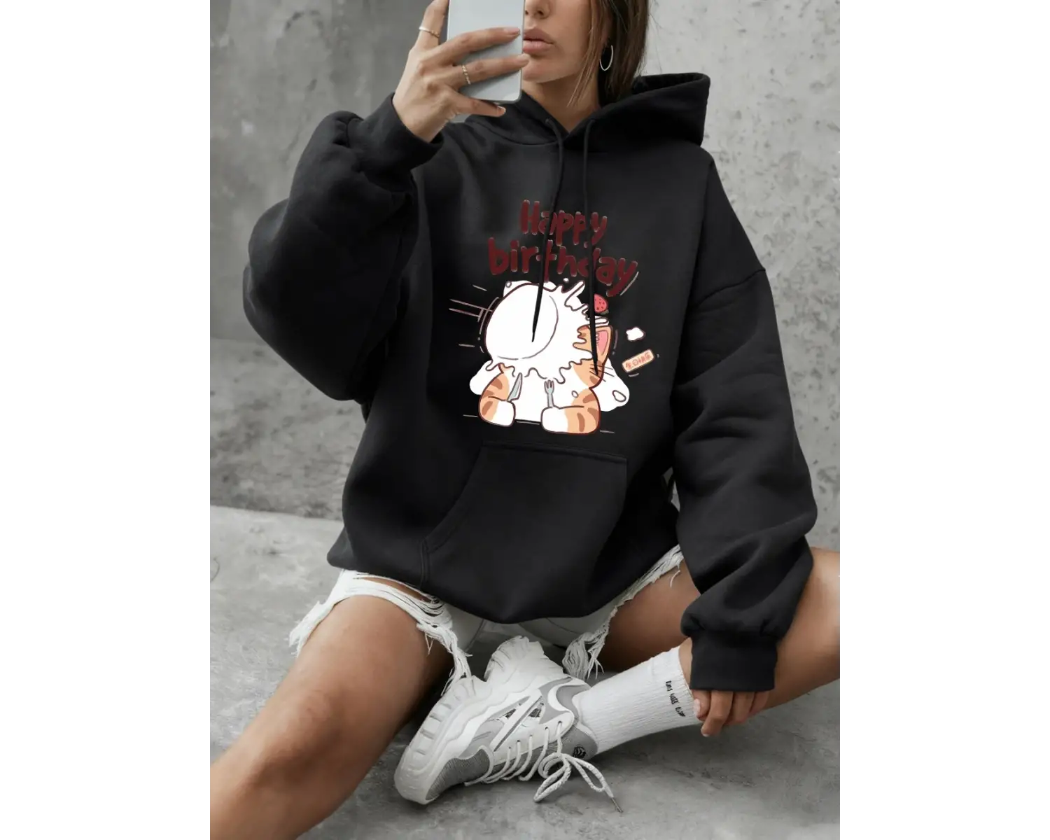 Kediler Mutlu Bir Doğum Günü Kutluyor Baskılı Sweatshirt Kadın Günlük Bol Kapüşonlu Kışlık Po
