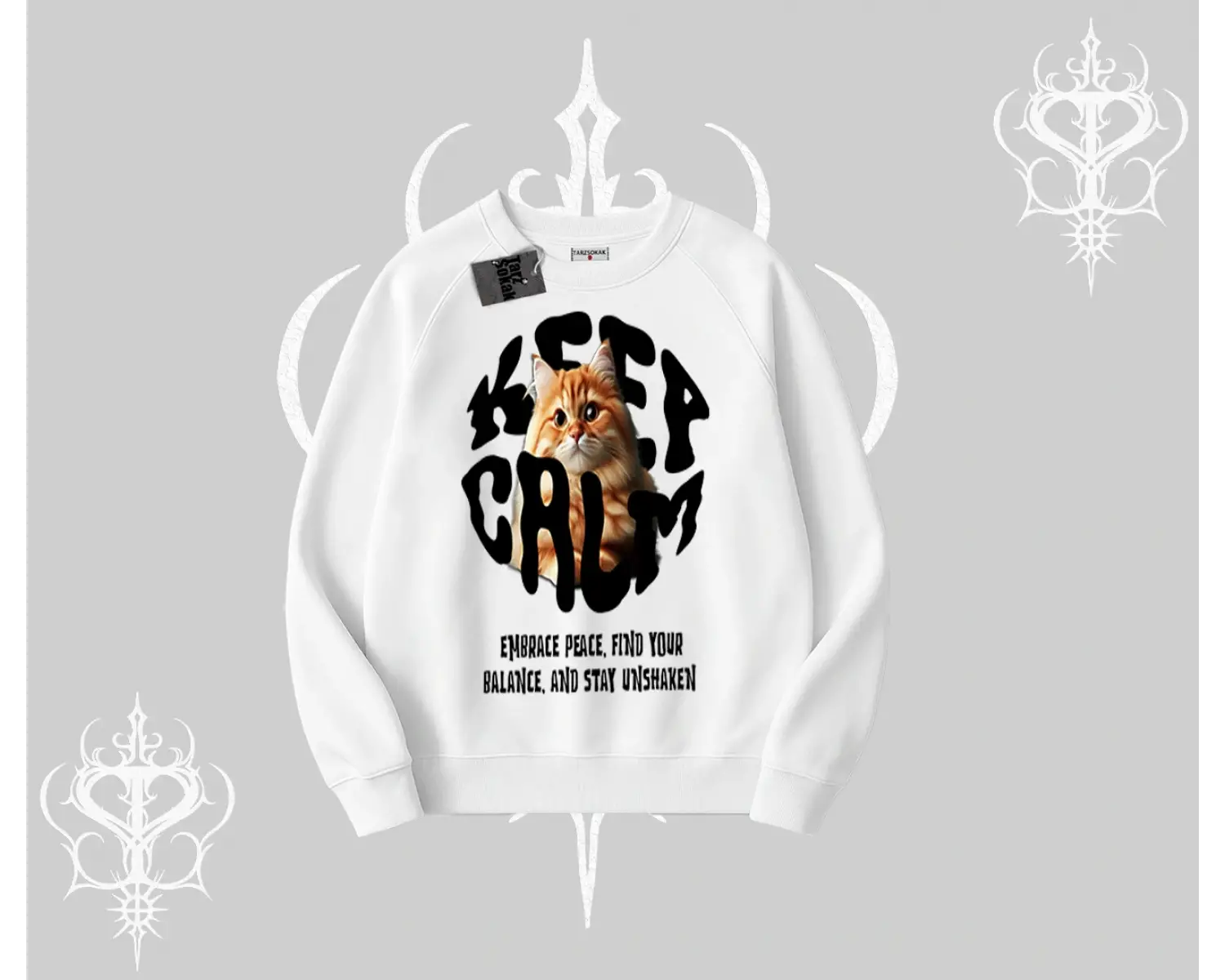 Keep Calm Yazılı Kedi Baskılı Streetwear Biskilet Sweatshirt