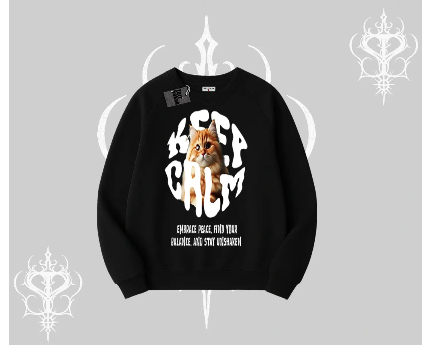Keep Calm Yazılı Kedi Baskılı Streetwear Biskilet Sweatshirt