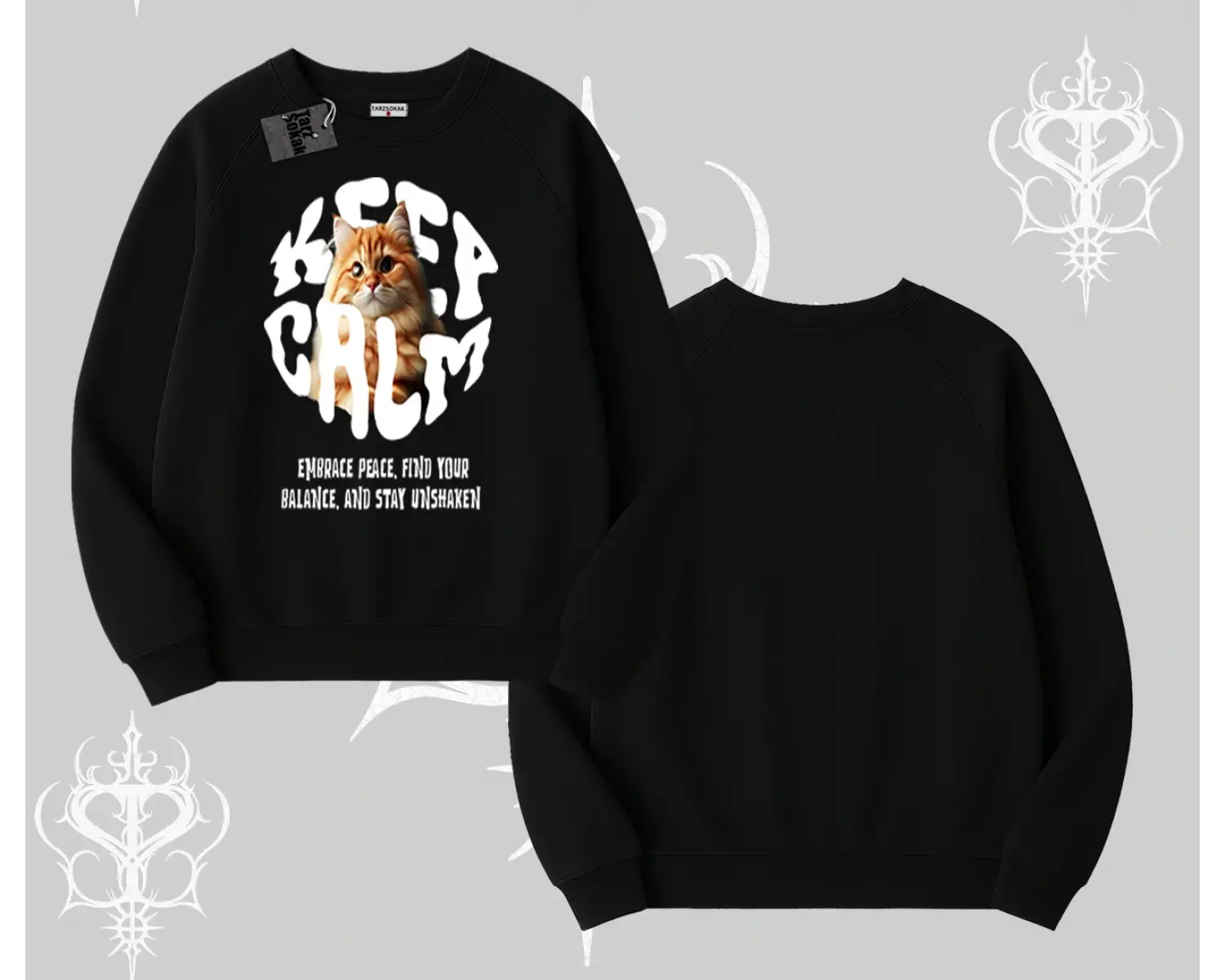 Keep Calm Yazılı Kedi Baskılı Streetwear Biskilet Sweatshirt