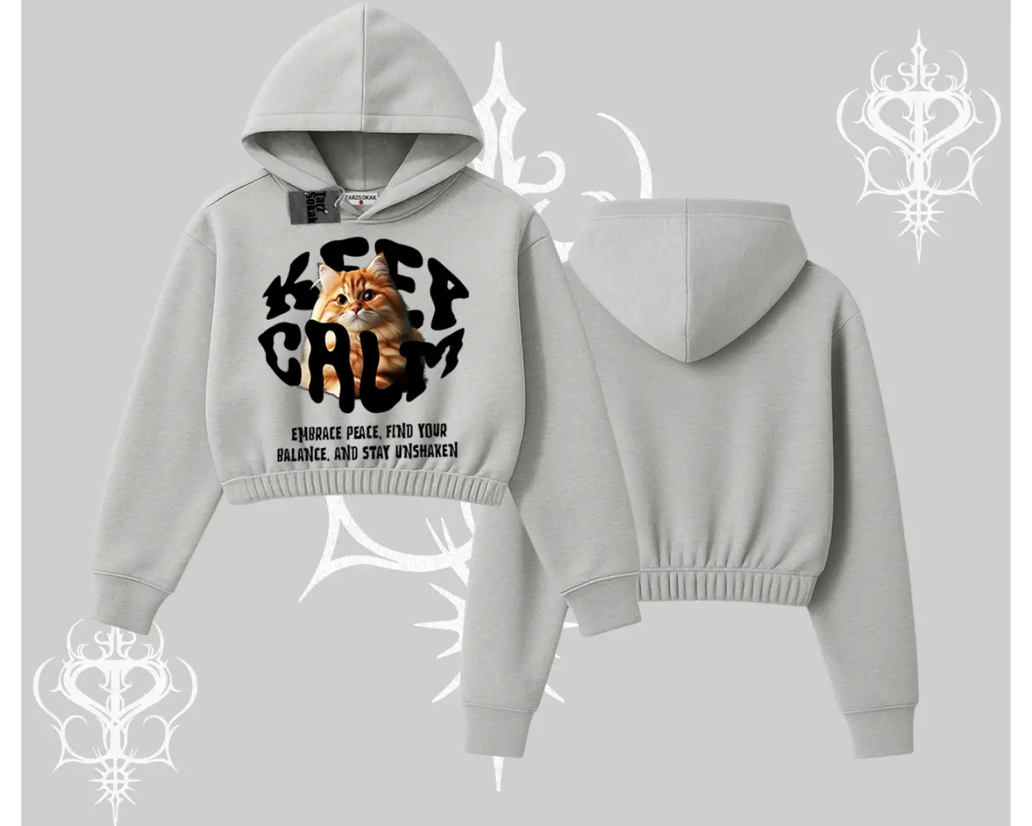 Keep Calm Yazılı Kedi Baskılı Streetwear Kapşonlu Crop Sweatshirt