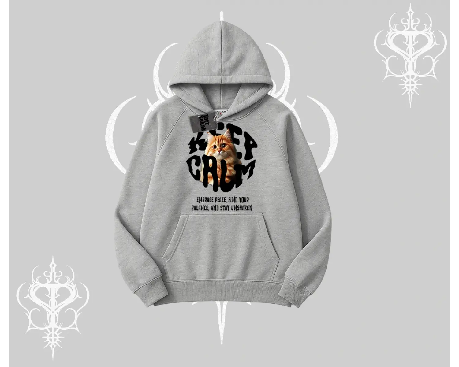 Keep Calm Yazılı Kedi Baskılı Streetwear Kapşonlu Sweatshirt