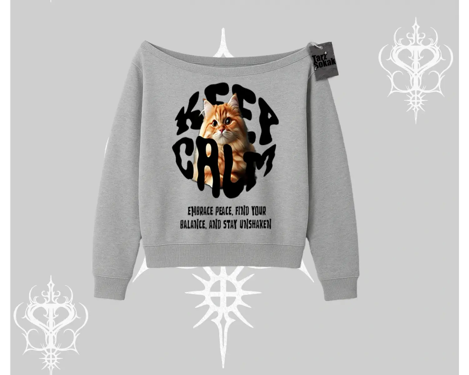 Keep Calm Yazılı Kedi Baskılı Streetwear Kayık Yaka Sweatshirt