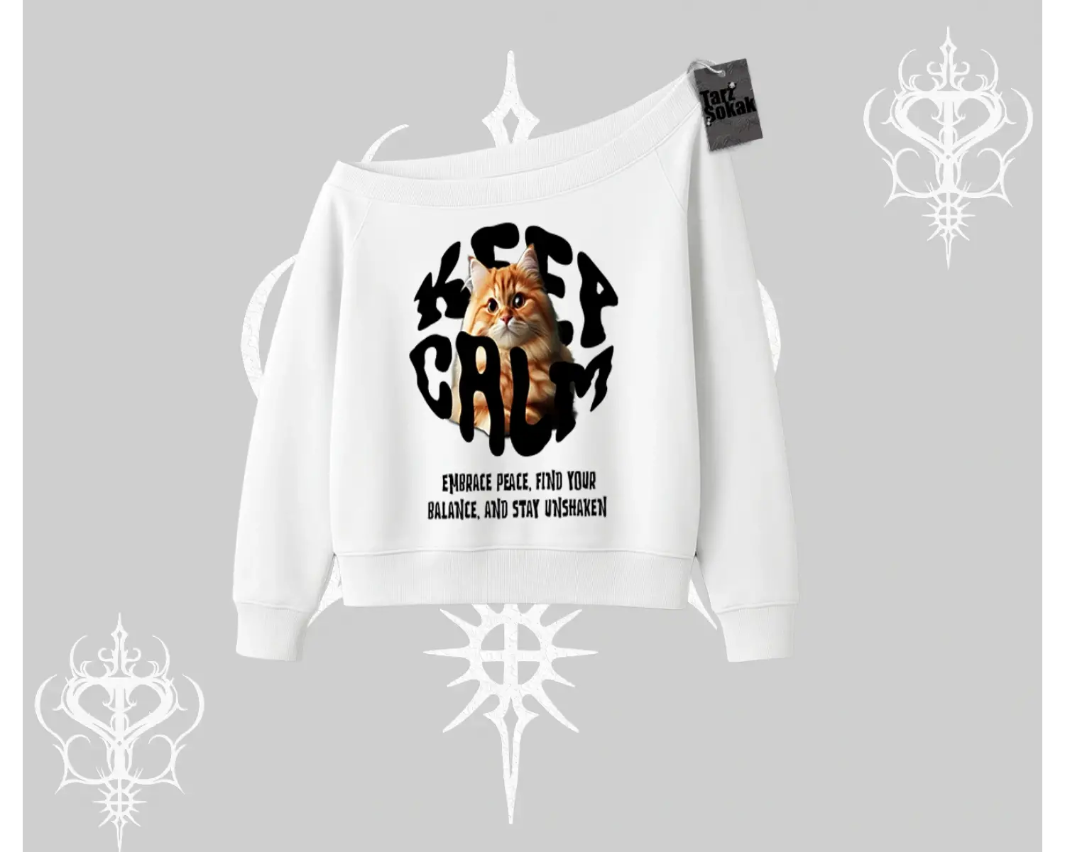 Keep Calm Yazılı Kedi Baskılı Streetwear Kayık Yaka Sweatshirt