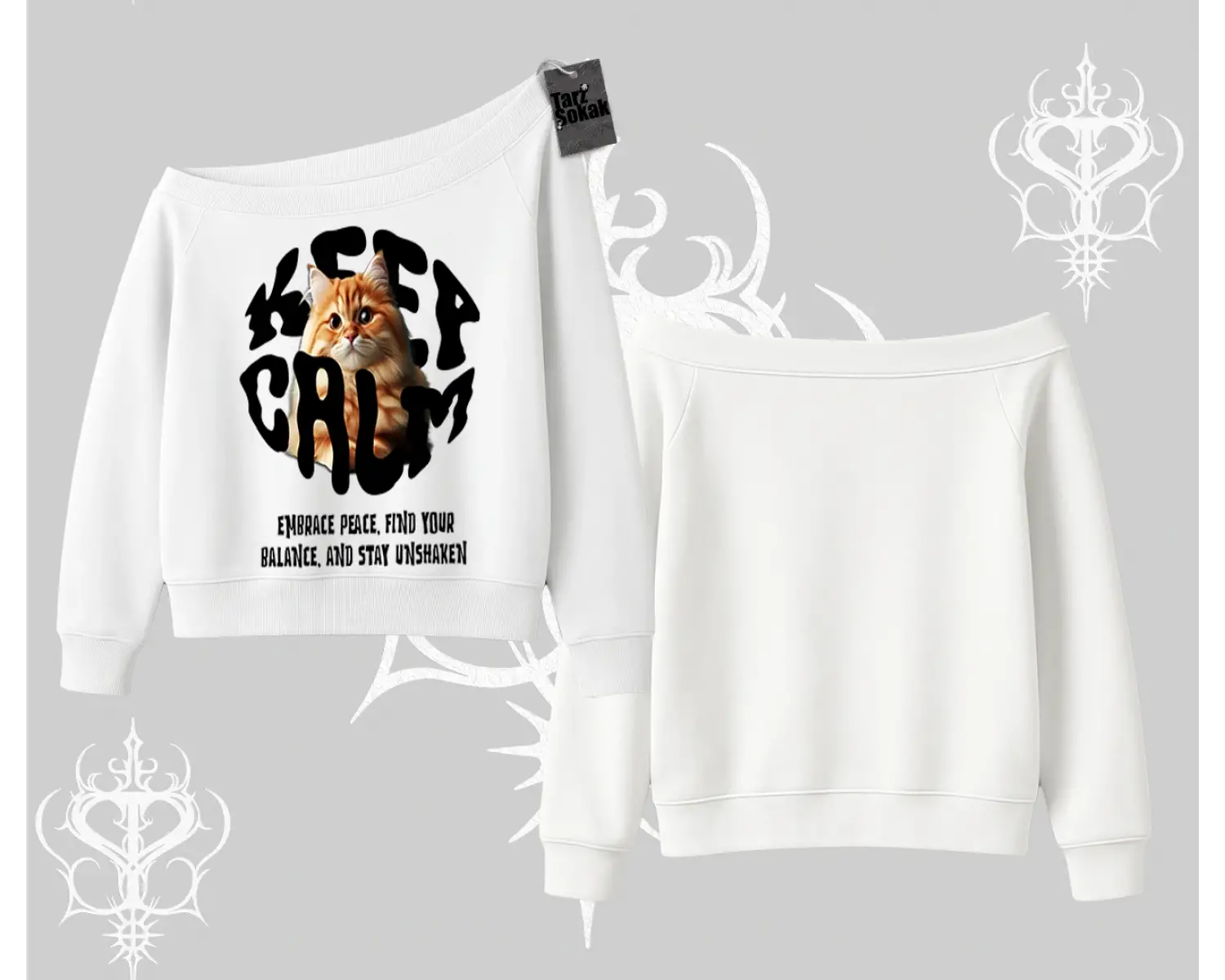 Keep Calm Yazılı Kedi Baskılı Streetwear Kayık Yaka Sweatshirt