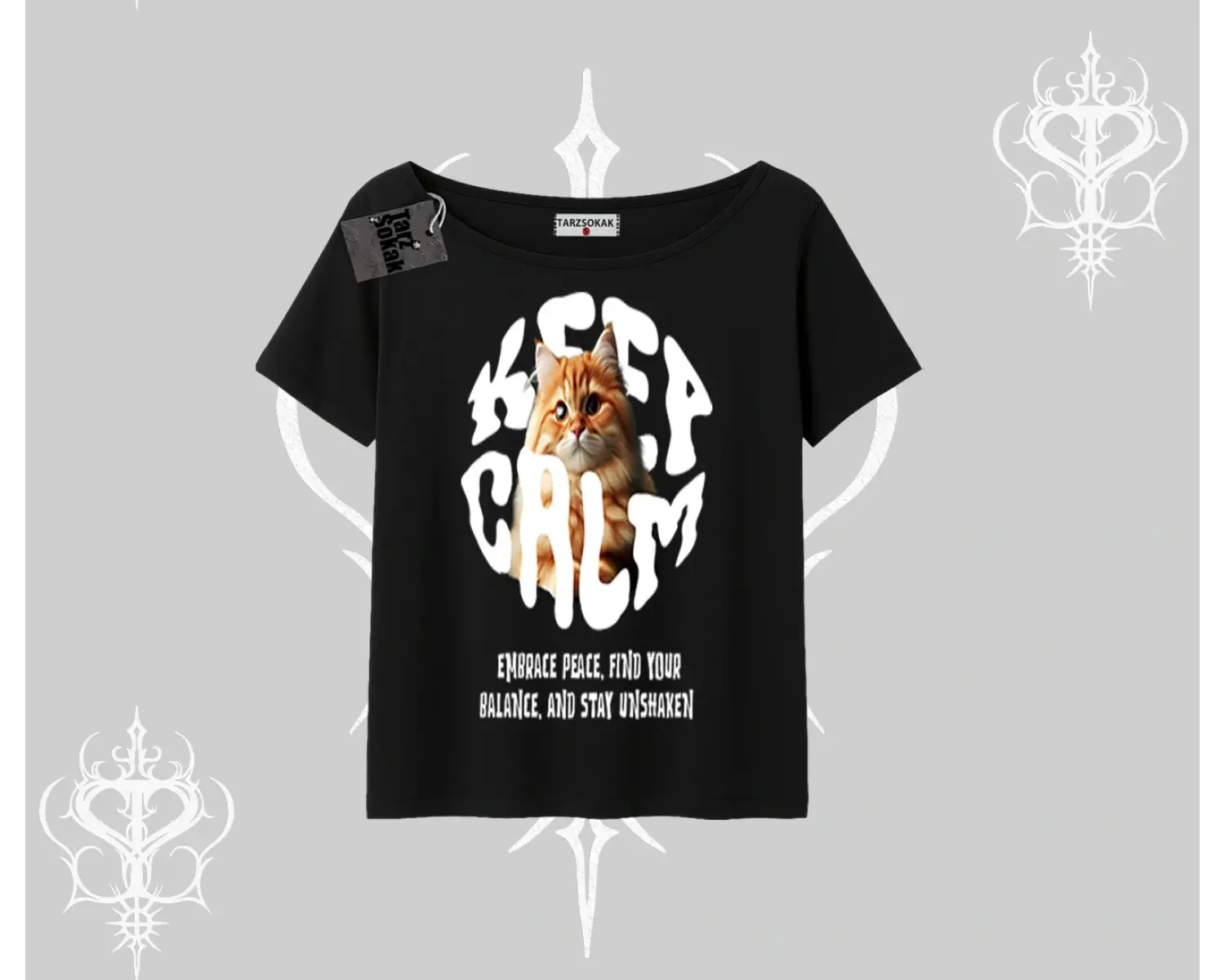 Keep Calm Yazılı Kedi Baskılı Streetwear Kayık Yaka Tshirt