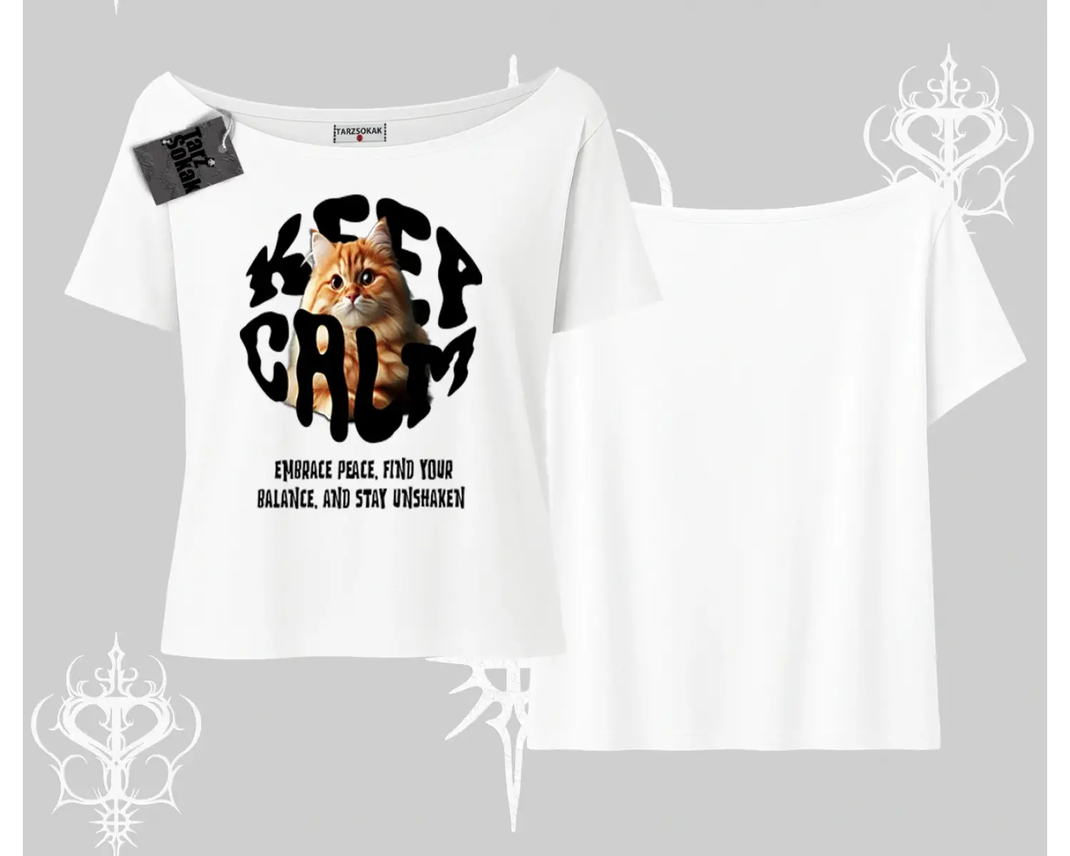 Keep Calm Yazılı Kedi Baskılı Streetwear Kayık Yaka Tshirt