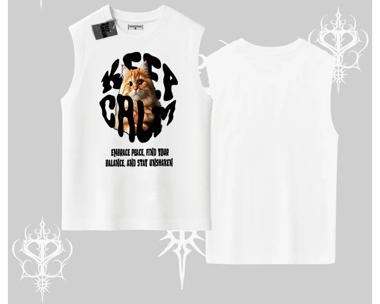 Keep Calm Yazılı Kedi Baskılı Streetwear Kolsuz Tshirt