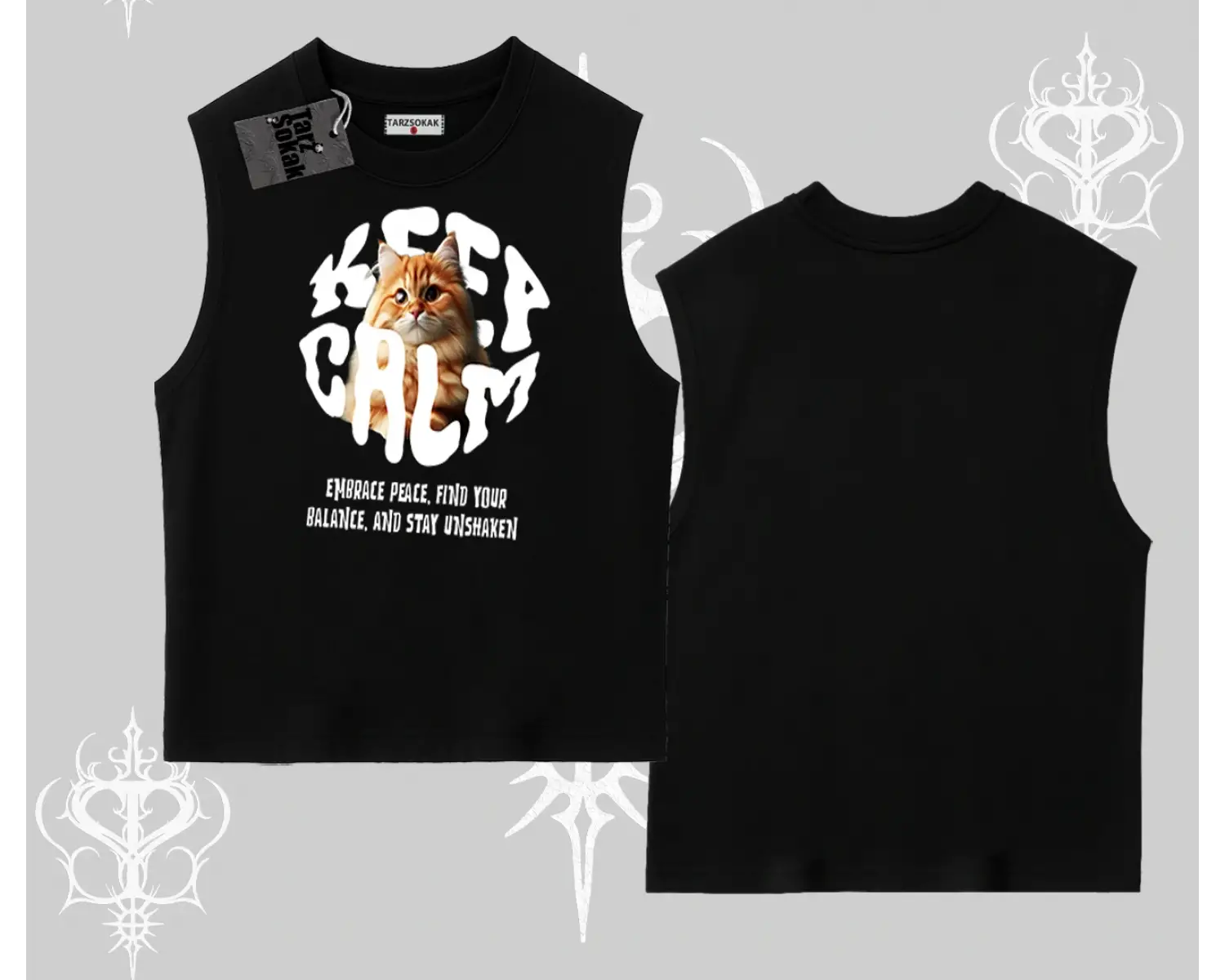 Keep Calm Yazılı Kedi Baskılı Streetwear Kolsuz Tshirt