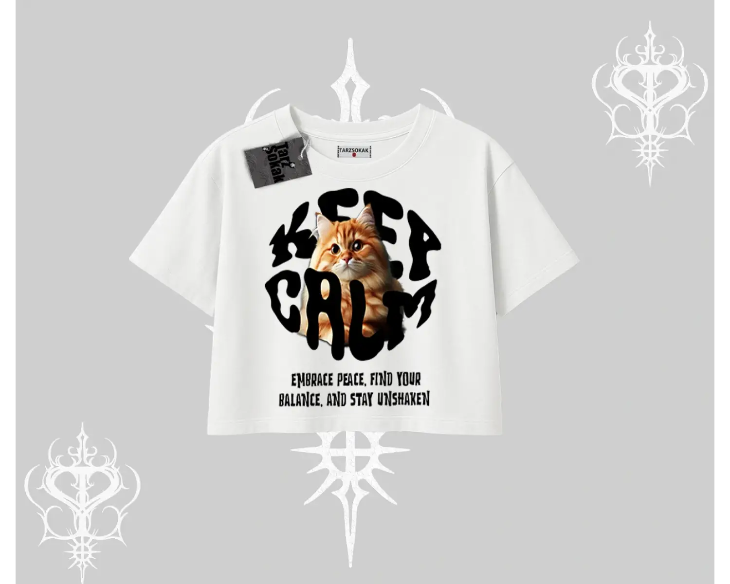 Keep Calm Yazılı Kedi Baskılı Streetwear Oversize Crop Tshirt