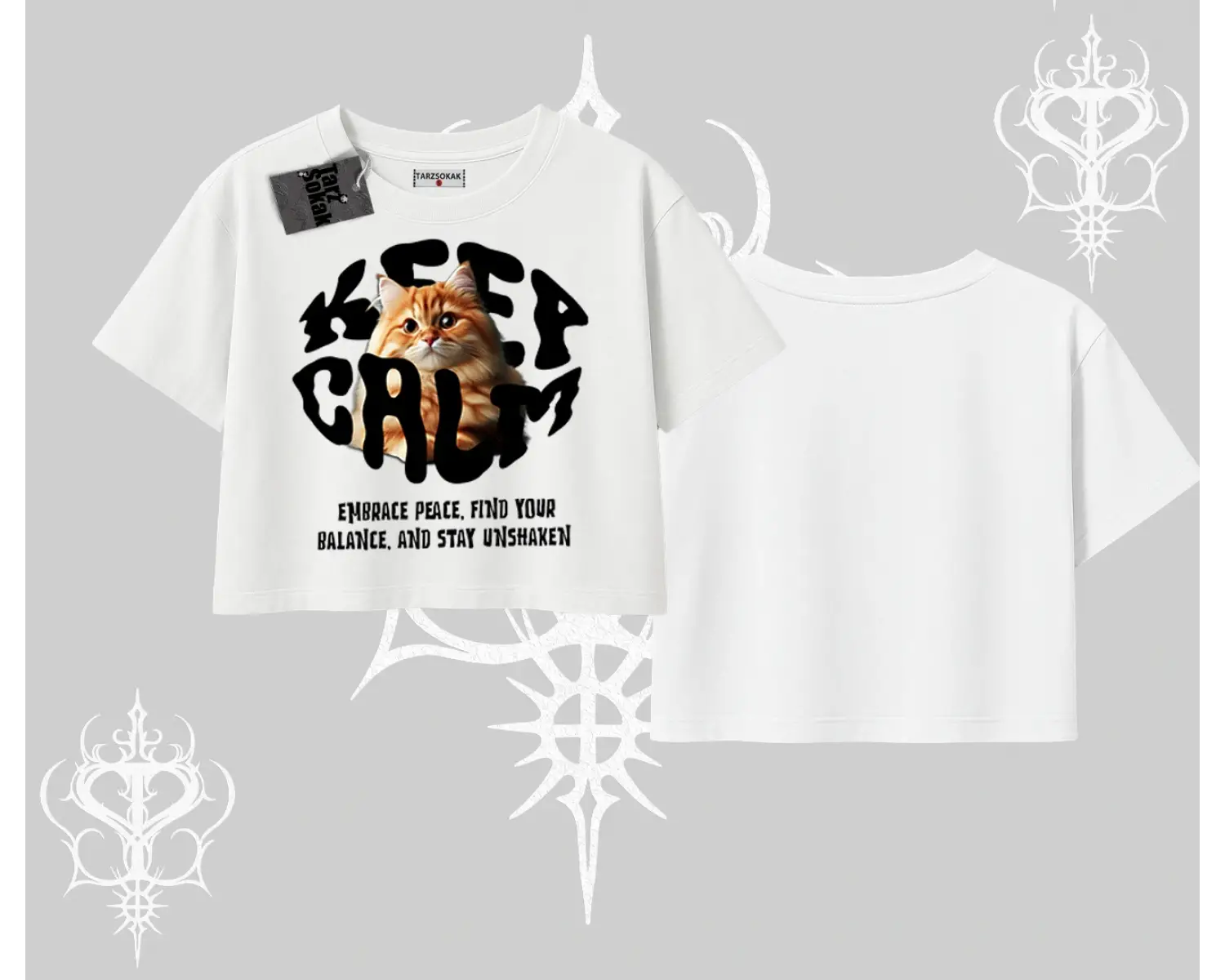 Keep Calm Yazılı Kedi Baskılı Streetwear Oversize Crop Tshirt