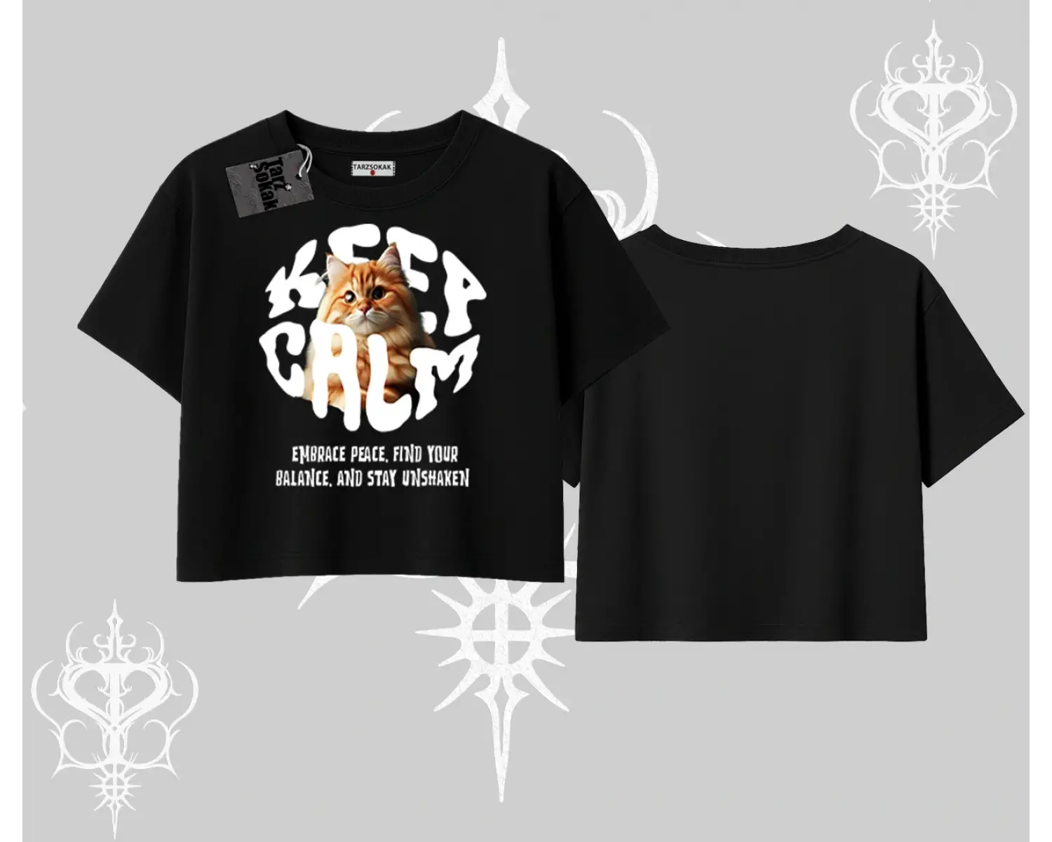 Keep Calm Yazılı Kedi Baskılı Streetwear Oversize Crop Tshirt