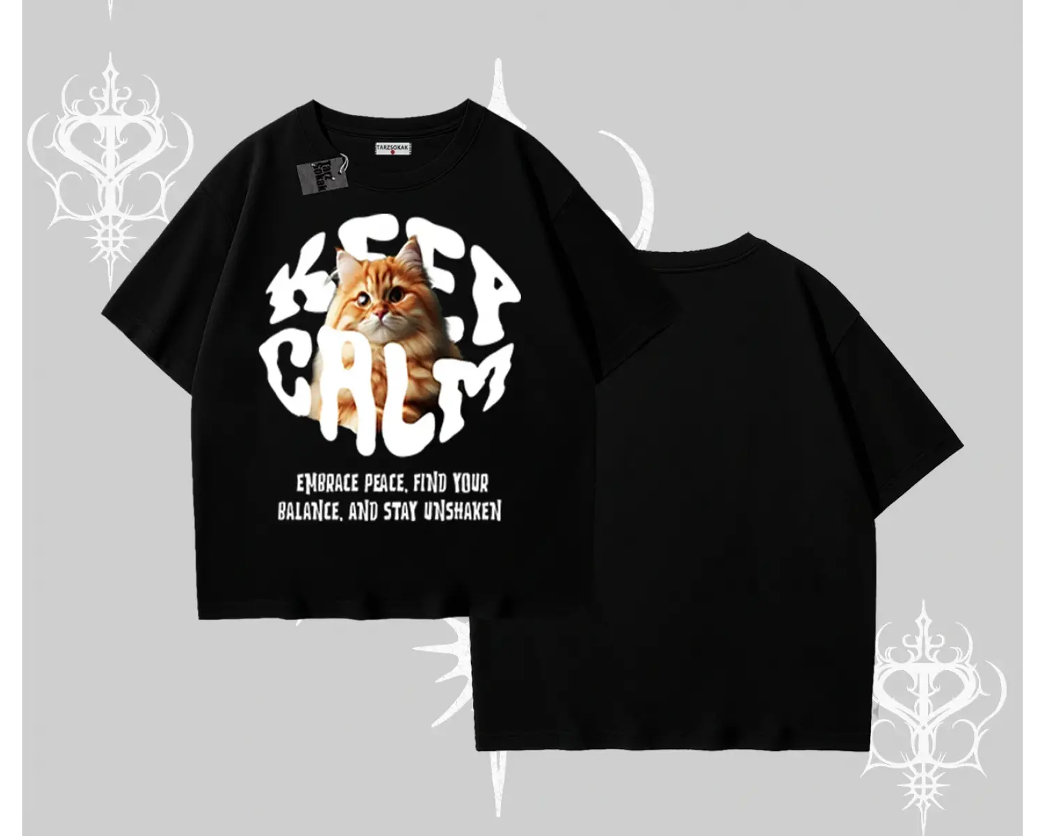 Keep Calm Yazılı Kedi Baskılı Streetwear Oversize Tshirt